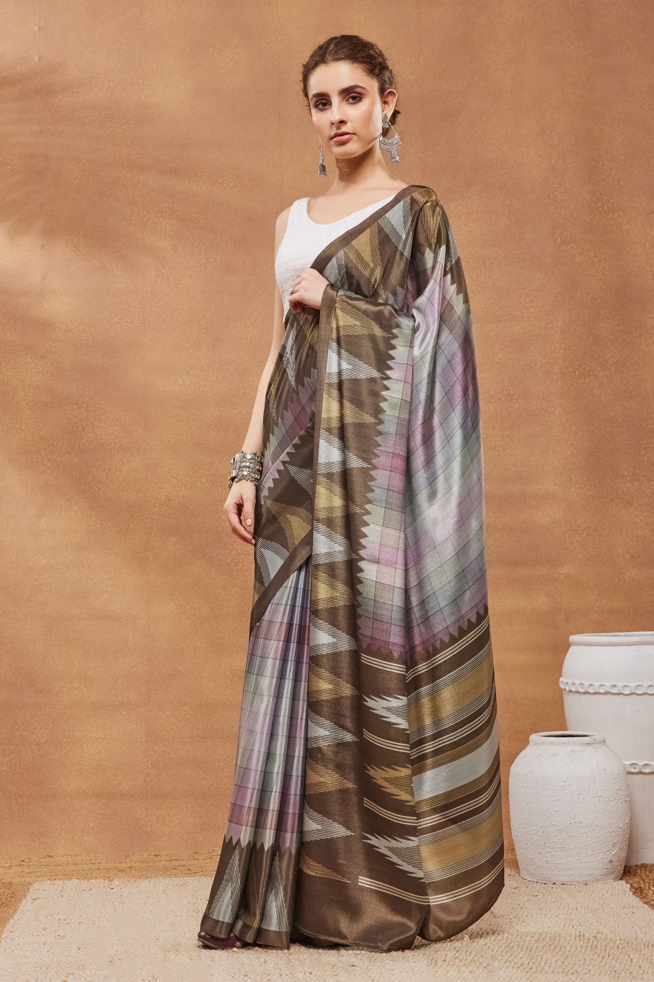 Brown Ikat Printed Satin Ready To Wear Saree