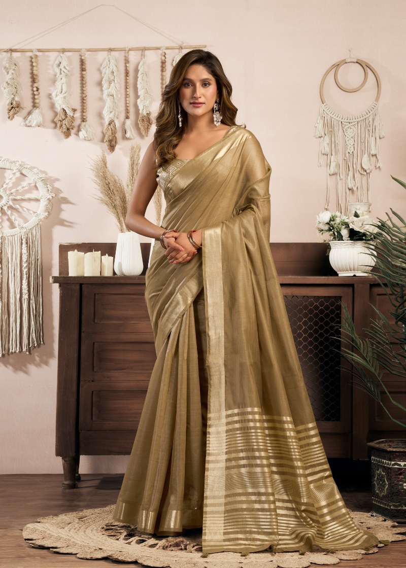 Brown Khadi Cotton Contemporary Zari Border Saree