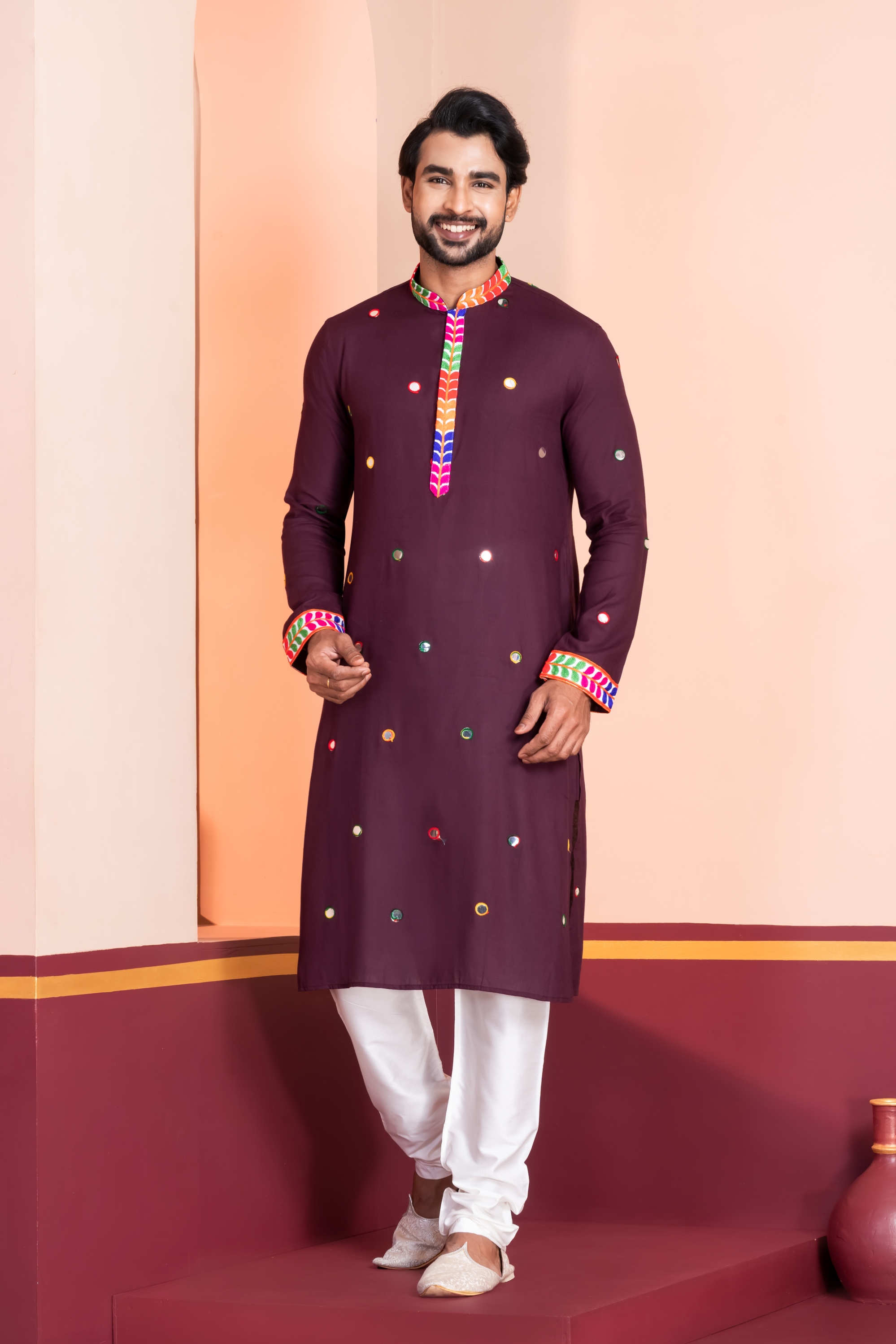 Brown Lace Embroidery Rayon Kurta Pyjama