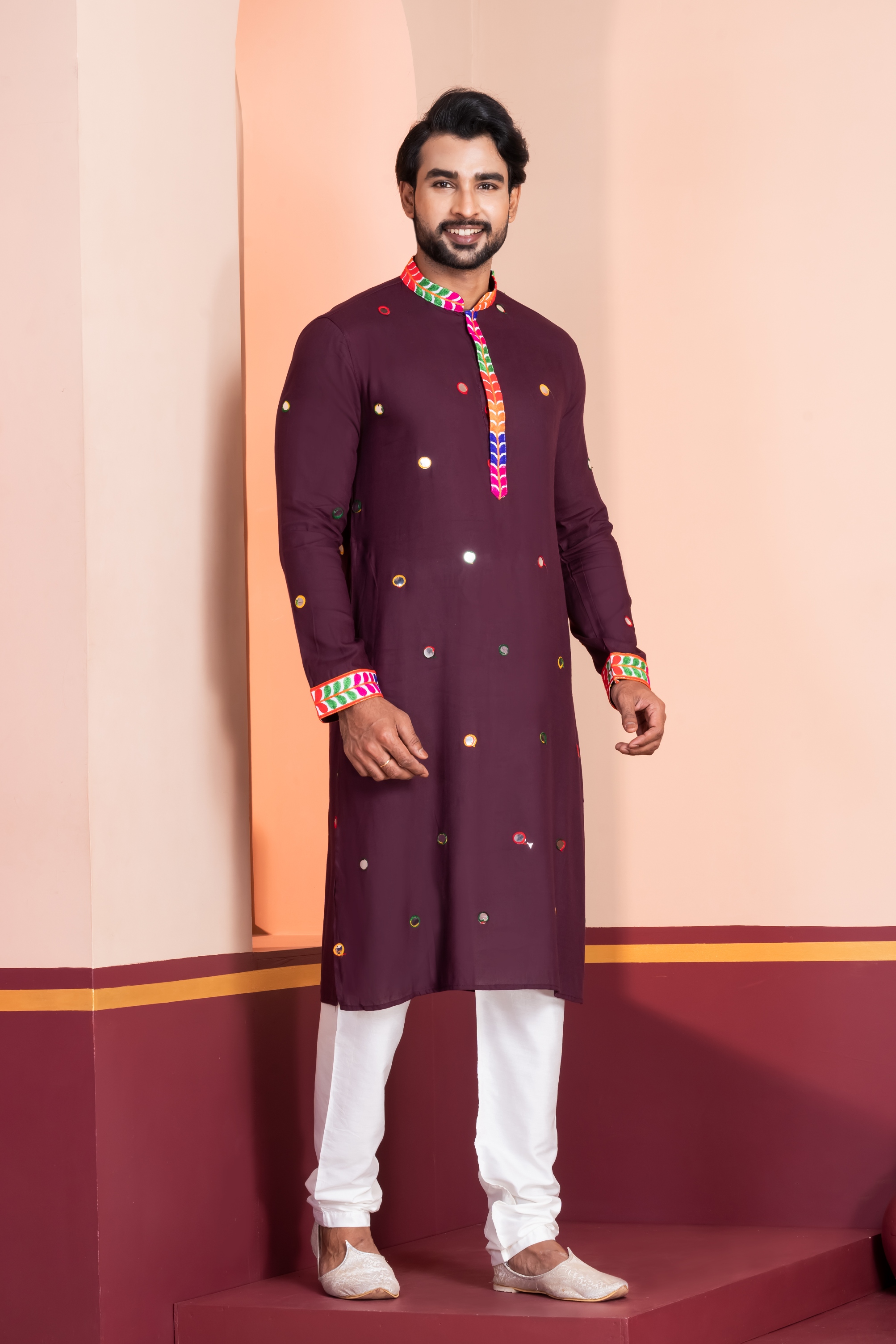 Brown Lace Embroidery Rayon Kurta Pyjama