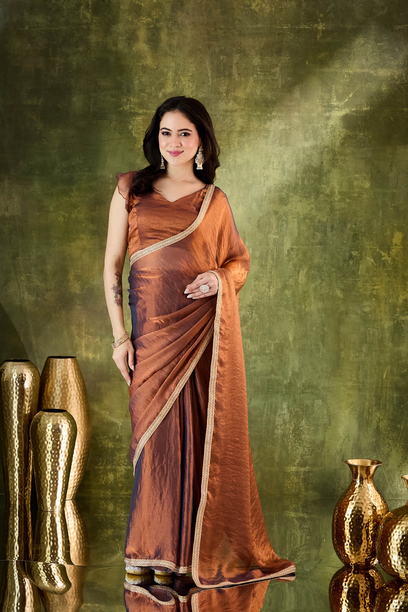 Brown Lace Silk Blend Ready To Wear Saree