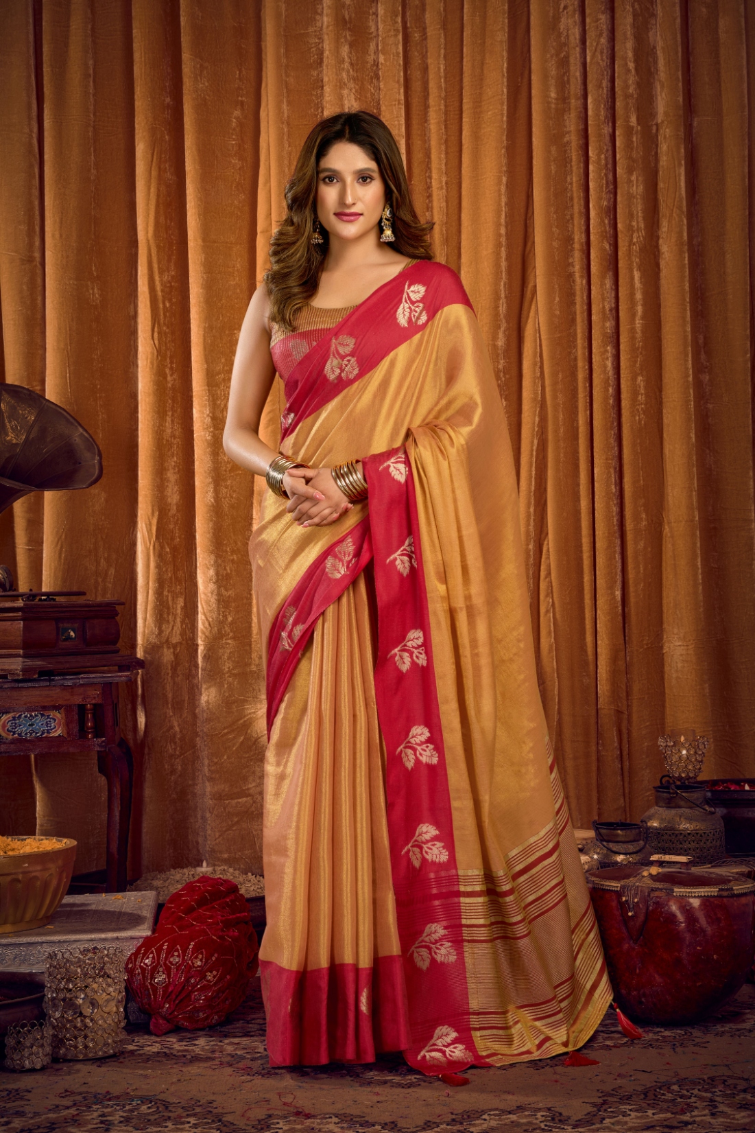 Brown Leaf Motif Woven Soft Tissue Saree