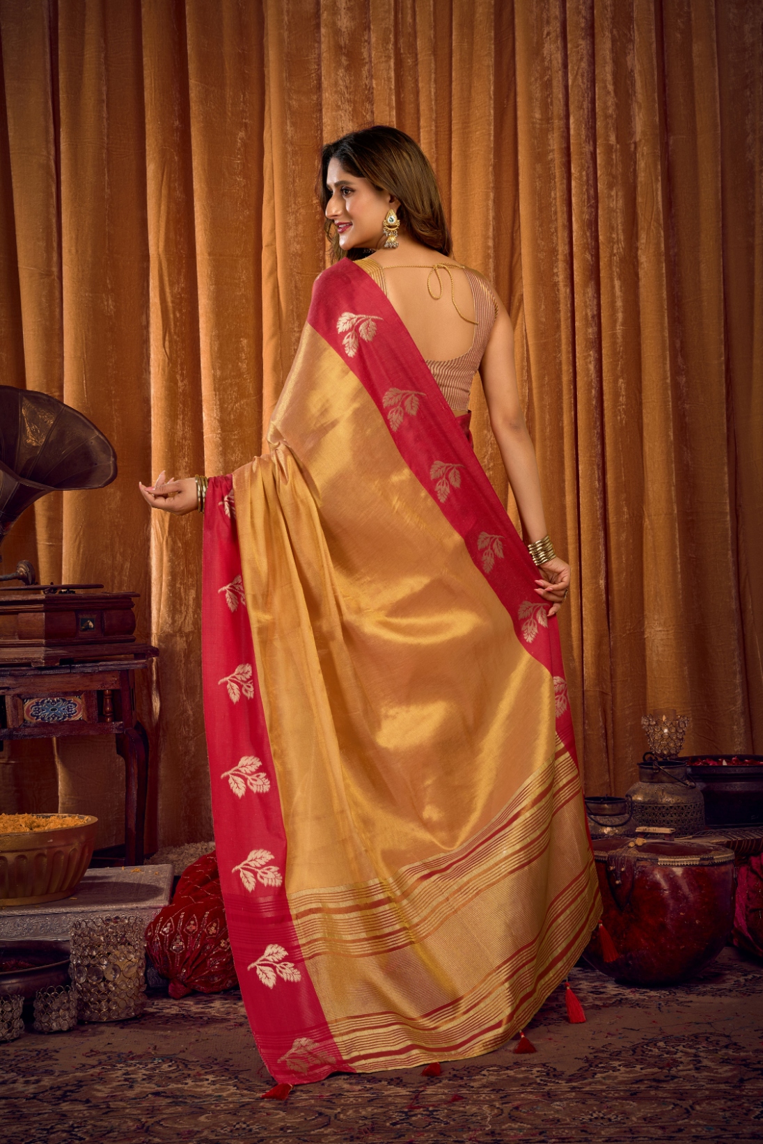 Brown Leaf Motif Woven Soft Tissue Saree — alternate view