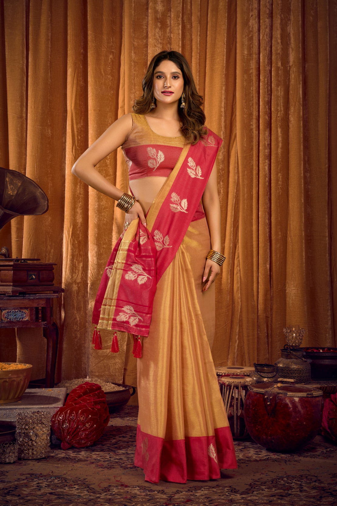 Brown Leaf Motif Woven Soft Tissue Saree