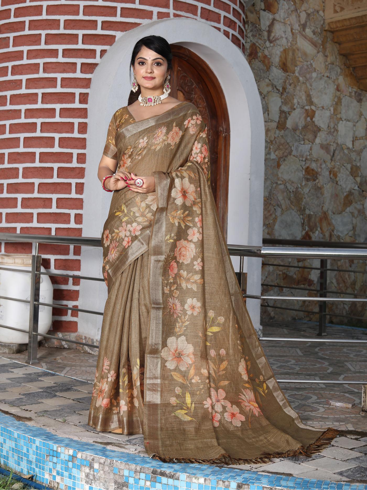 Brown Mustard Cotton Shimmer Saree