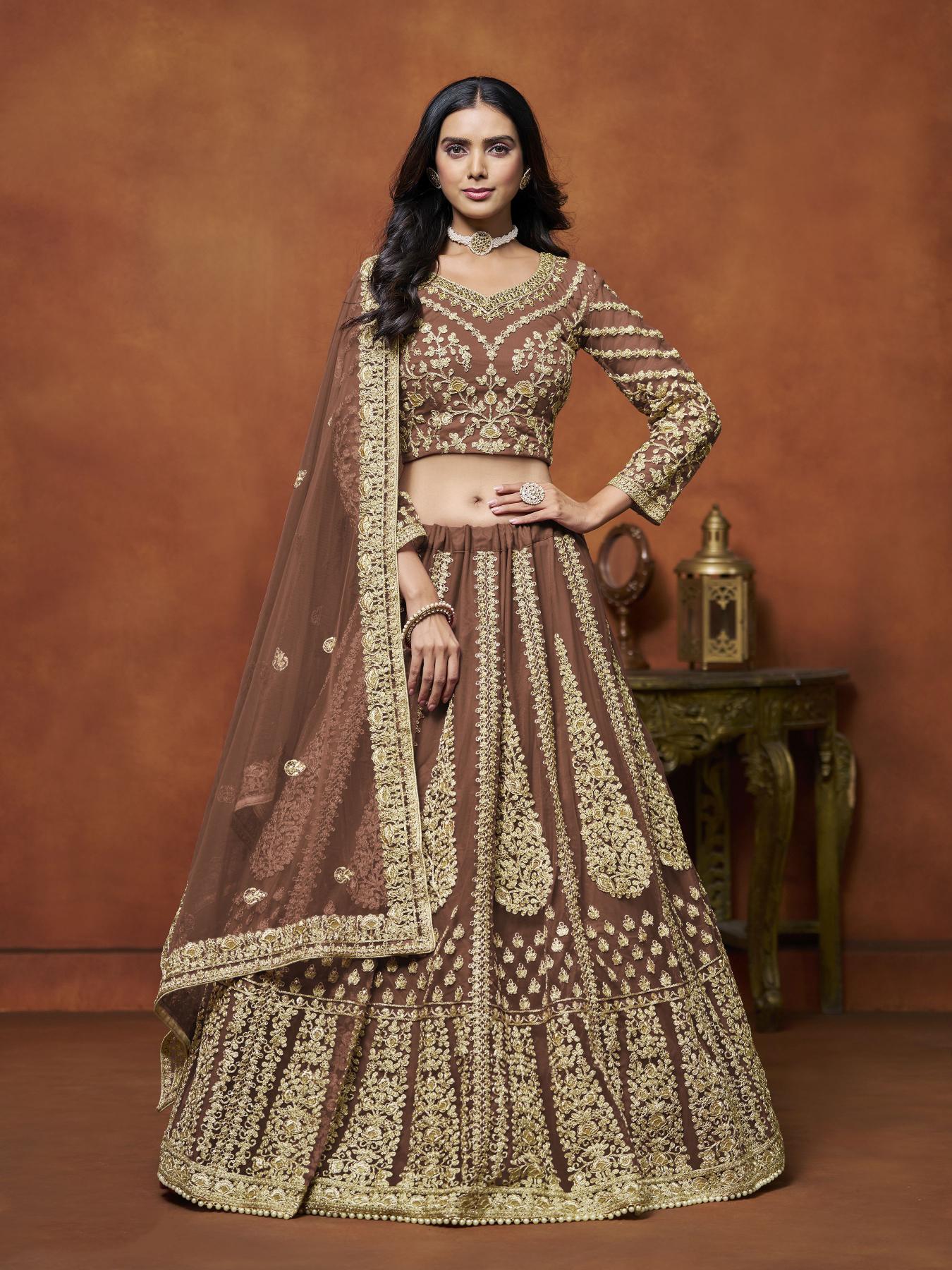 Brown Net Festive Lehenga