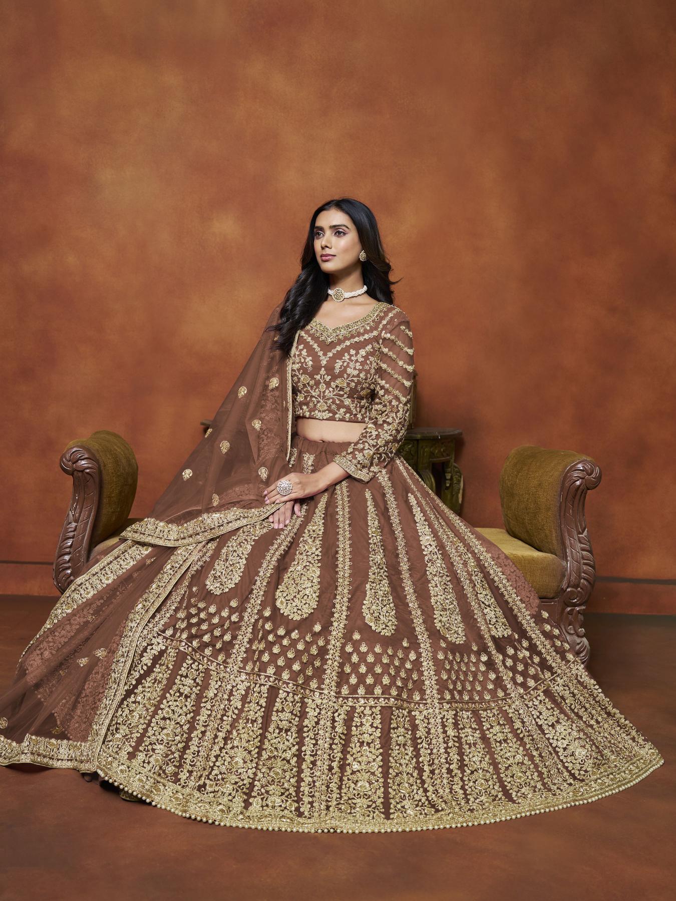 Brown Net Festive Lehenga
