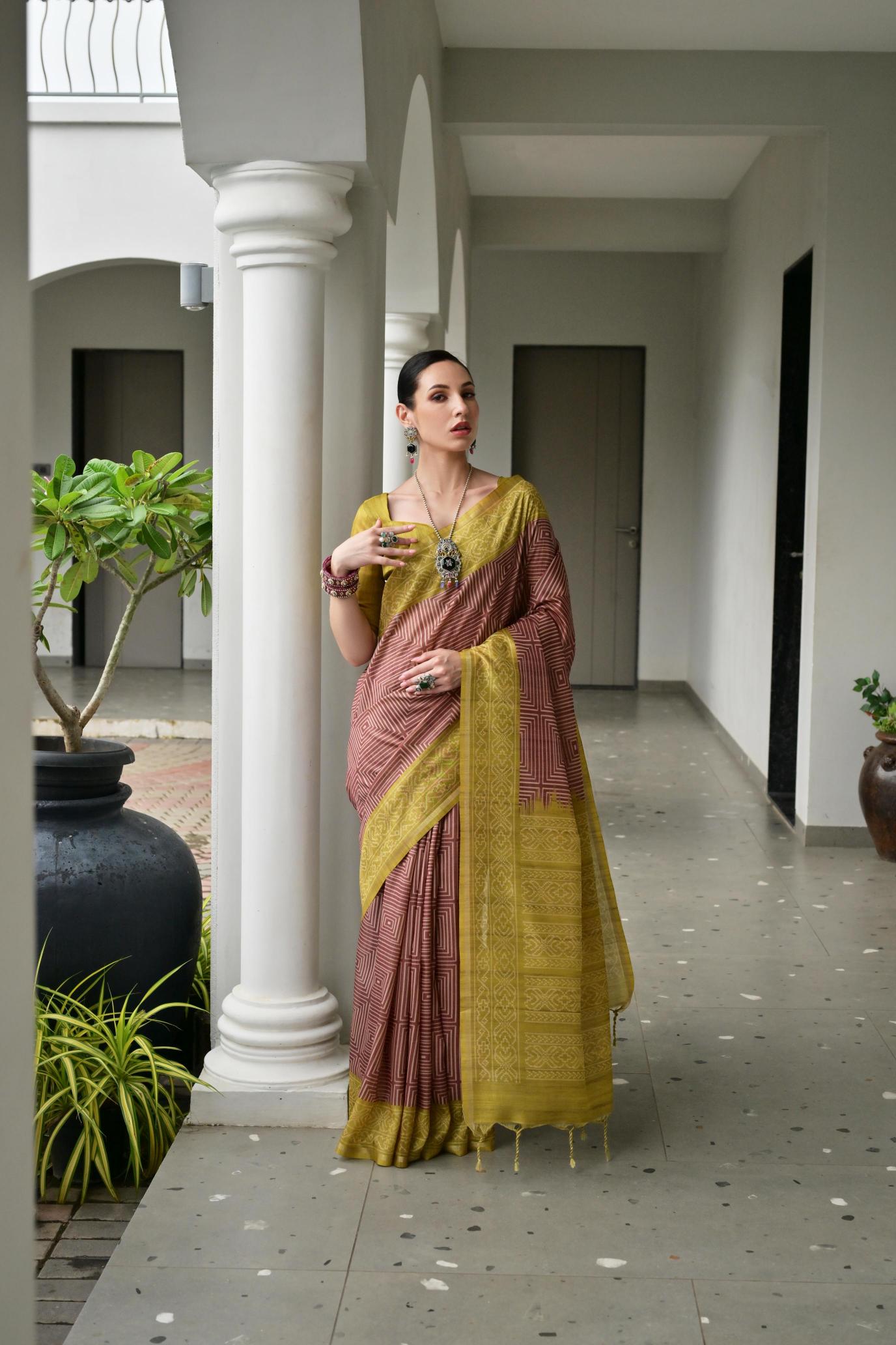 Brown Olive Ikkat Tussar Silk Saree