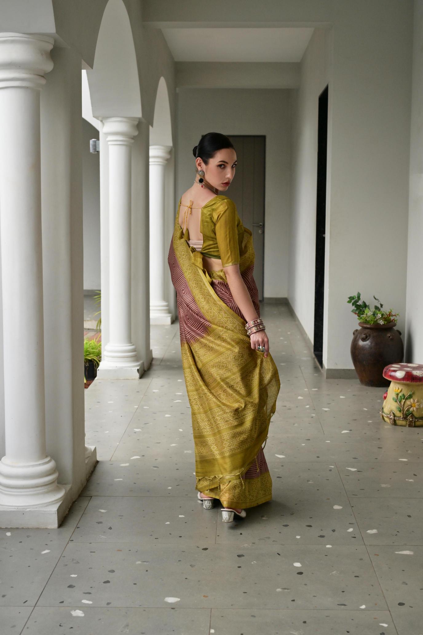 Brown Olive Ikkat Tussar Silk Saree — alternate view