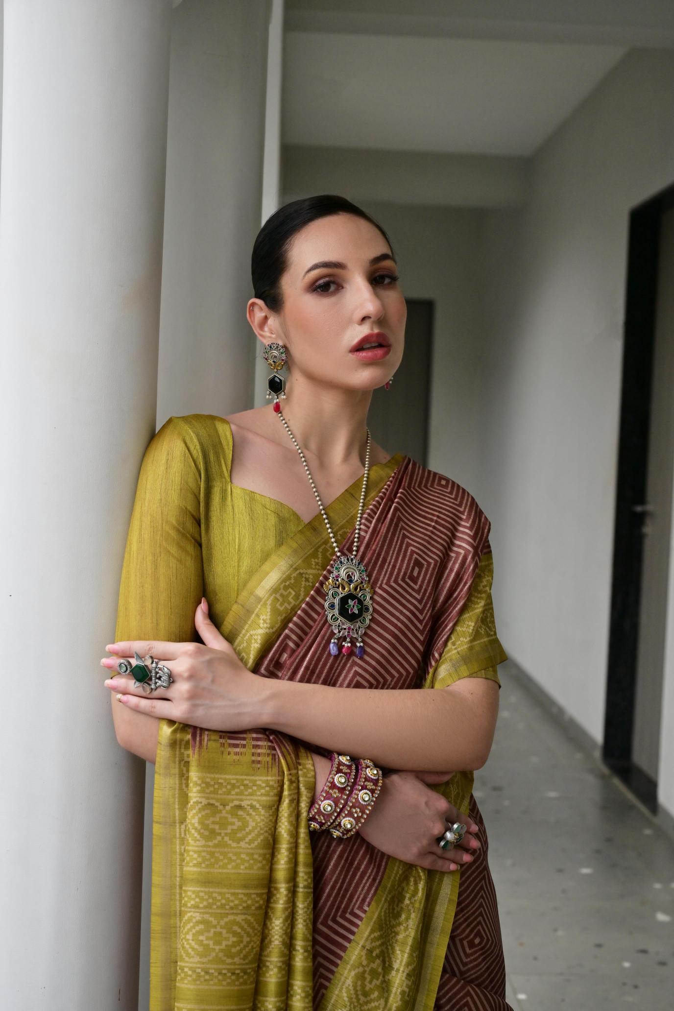Brown Olive Ikkat Tussar Silk Saree