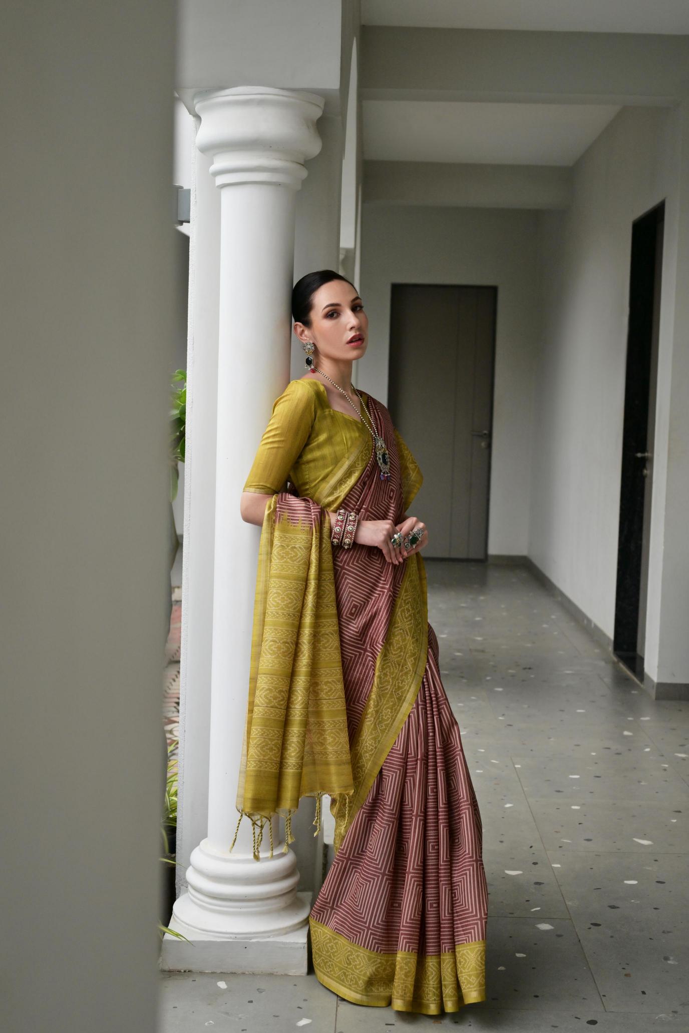 Brown Olive Ikkat Tussar Silk Saree
