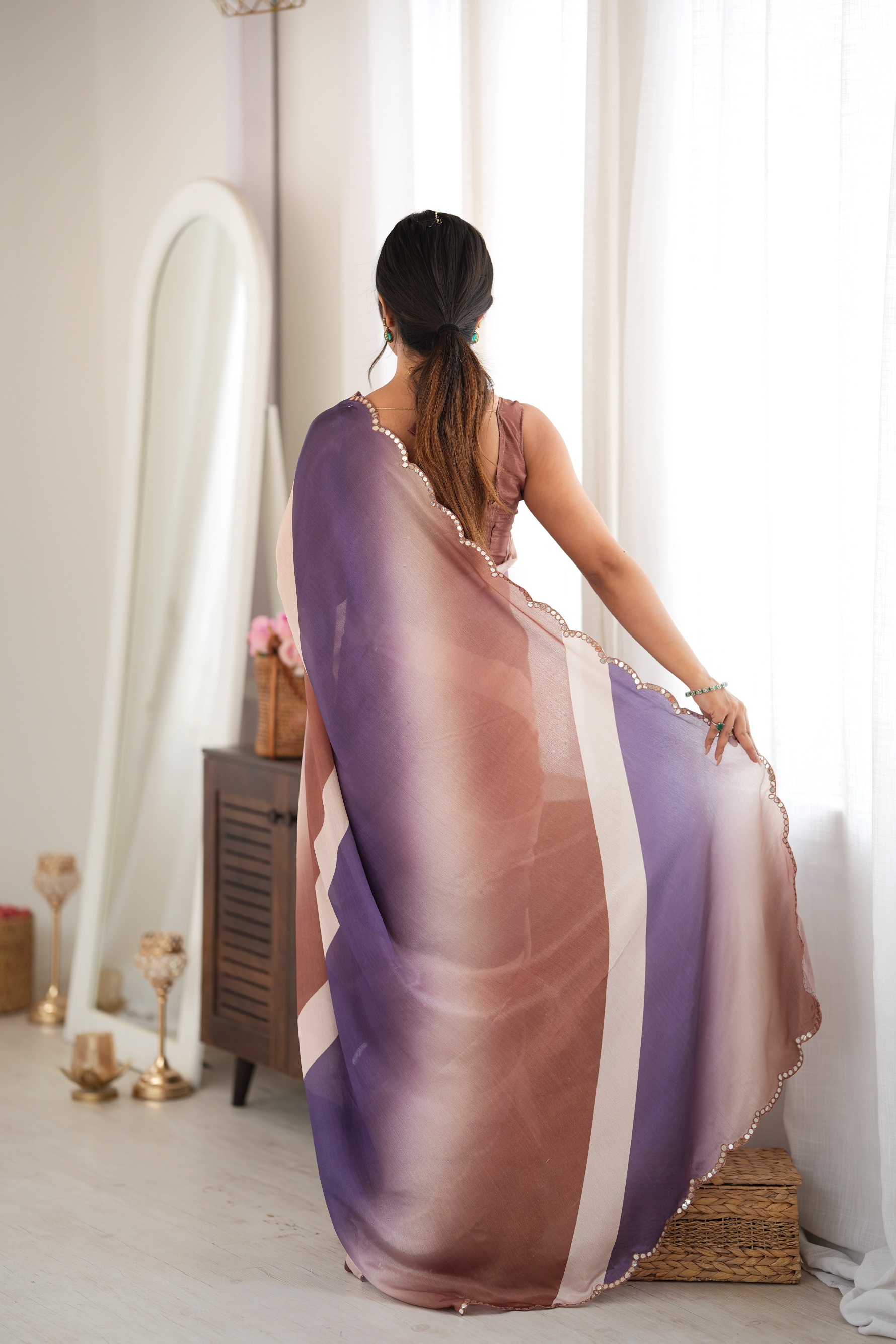 Brown Ombre Digital Printed Chinon Saree — alternate view