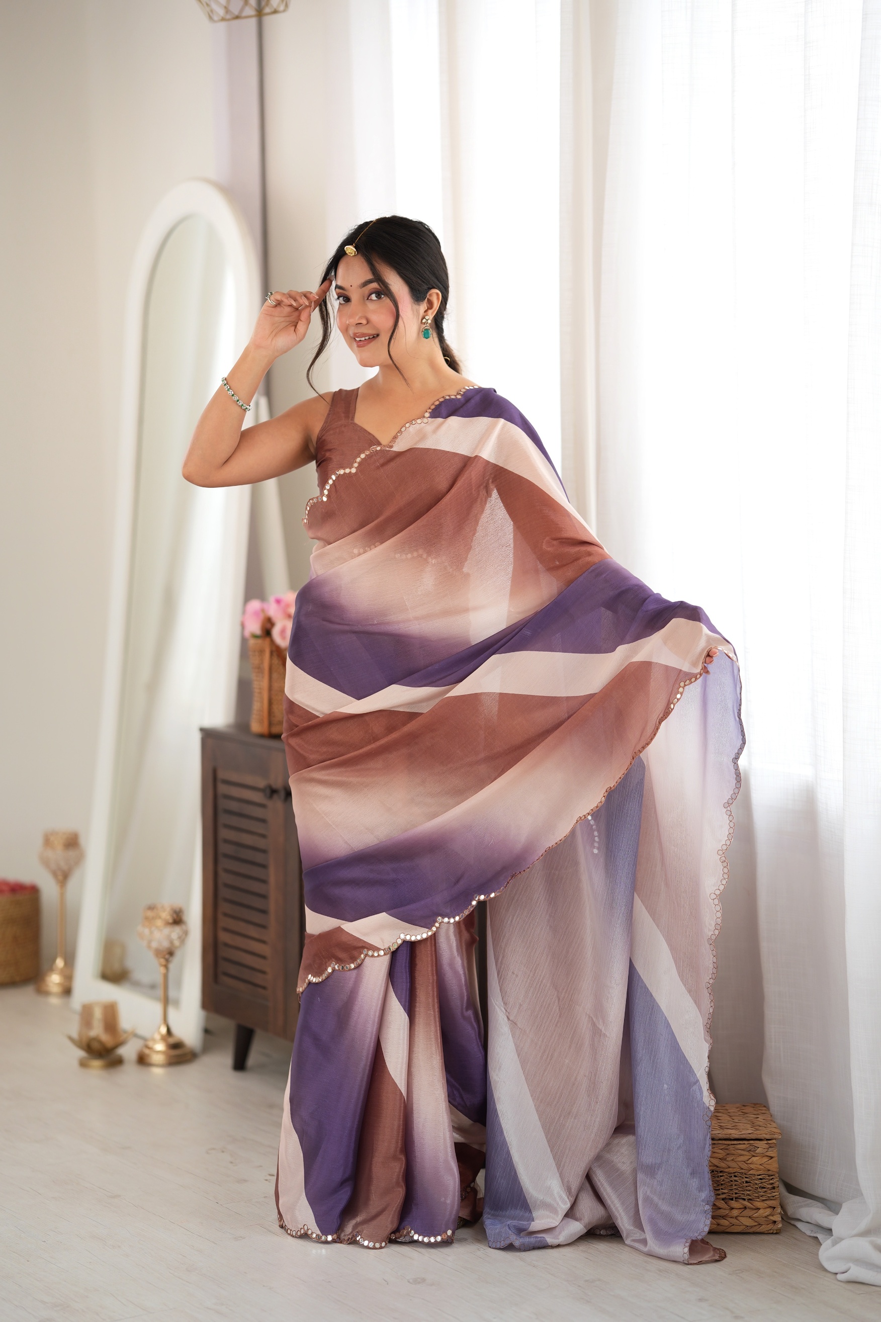 Brown Ombre Digital Printed Chinon Saree