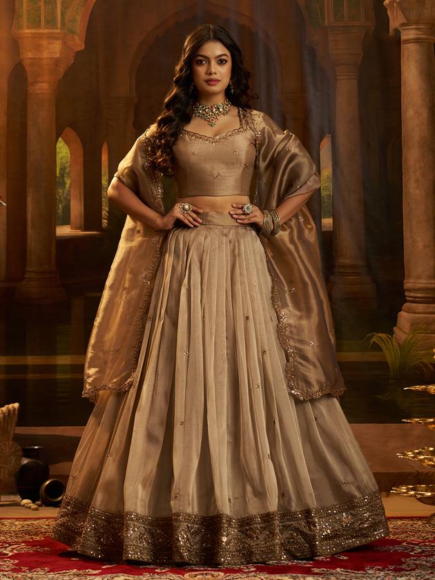 Brown Organza Embroidered Lehenga Choli
