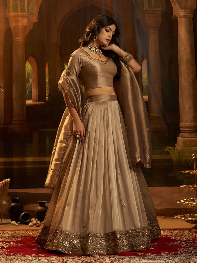 Brown Organza Embroidered Lehenga Choli