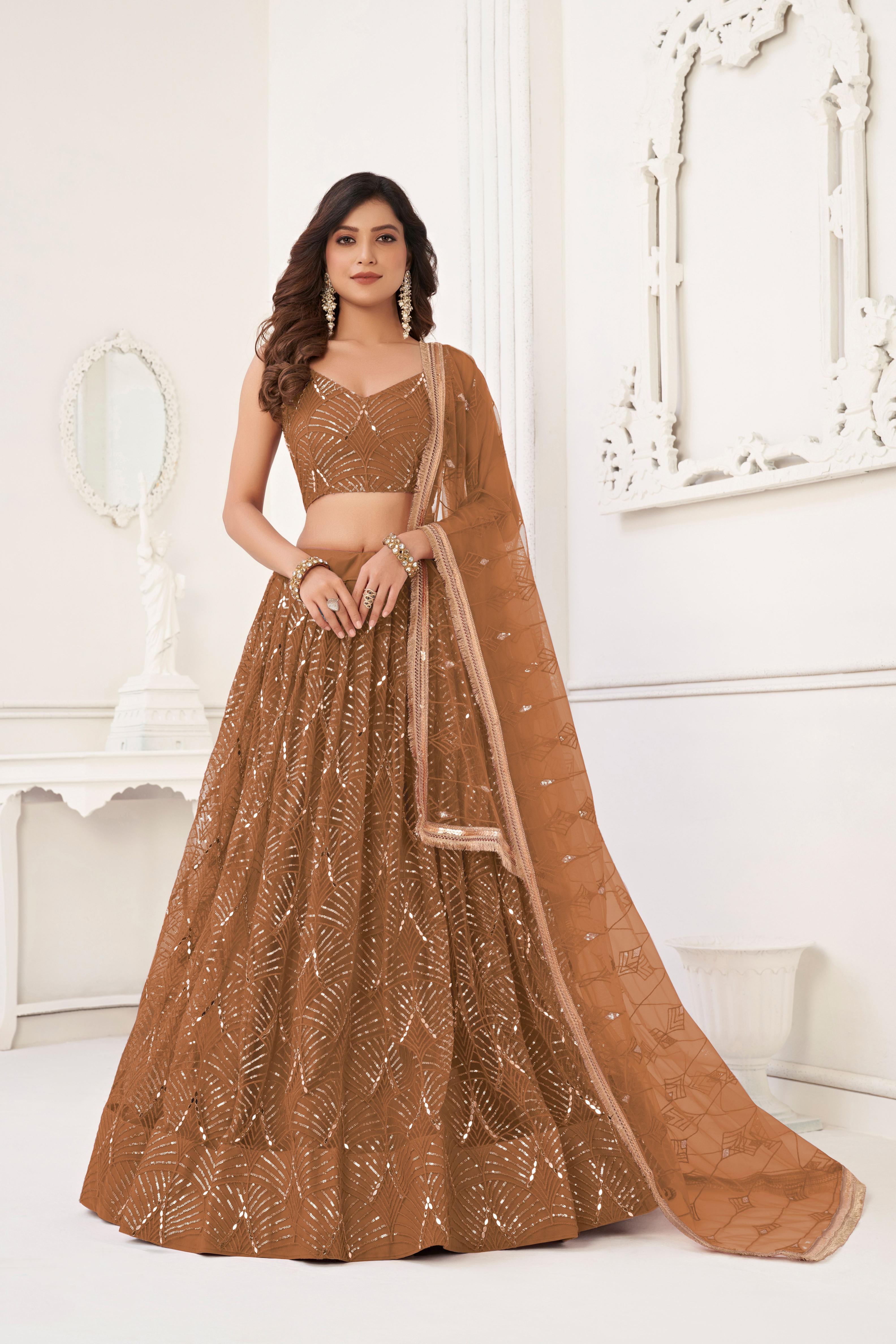 Brown Party Wear Butterfly Net Lehenga