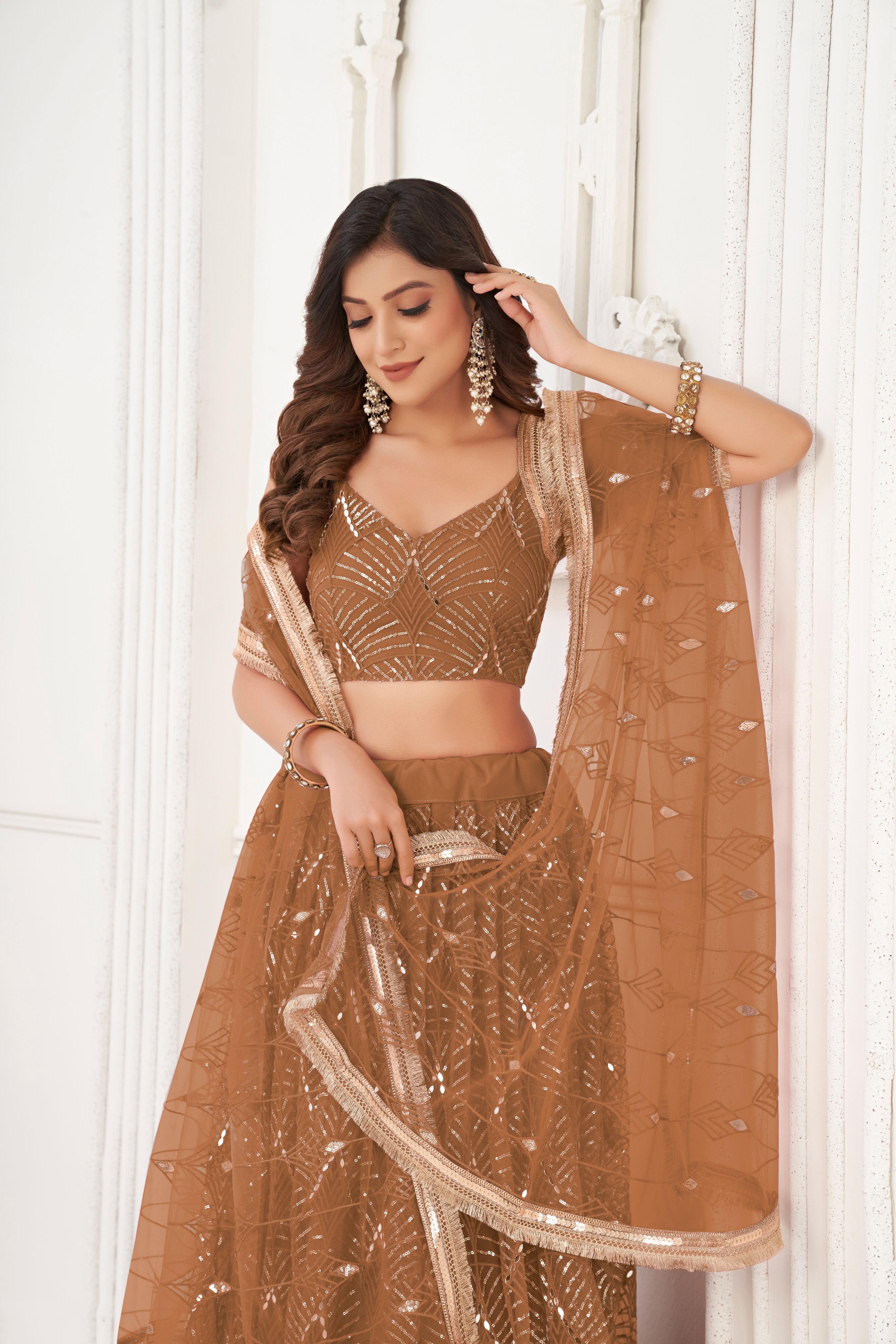 Brown Party Wear Butterfly Net Lehenga