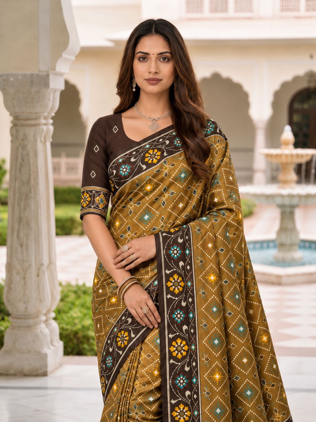 Brown Patola Silk Meenakari Jacquard Saree