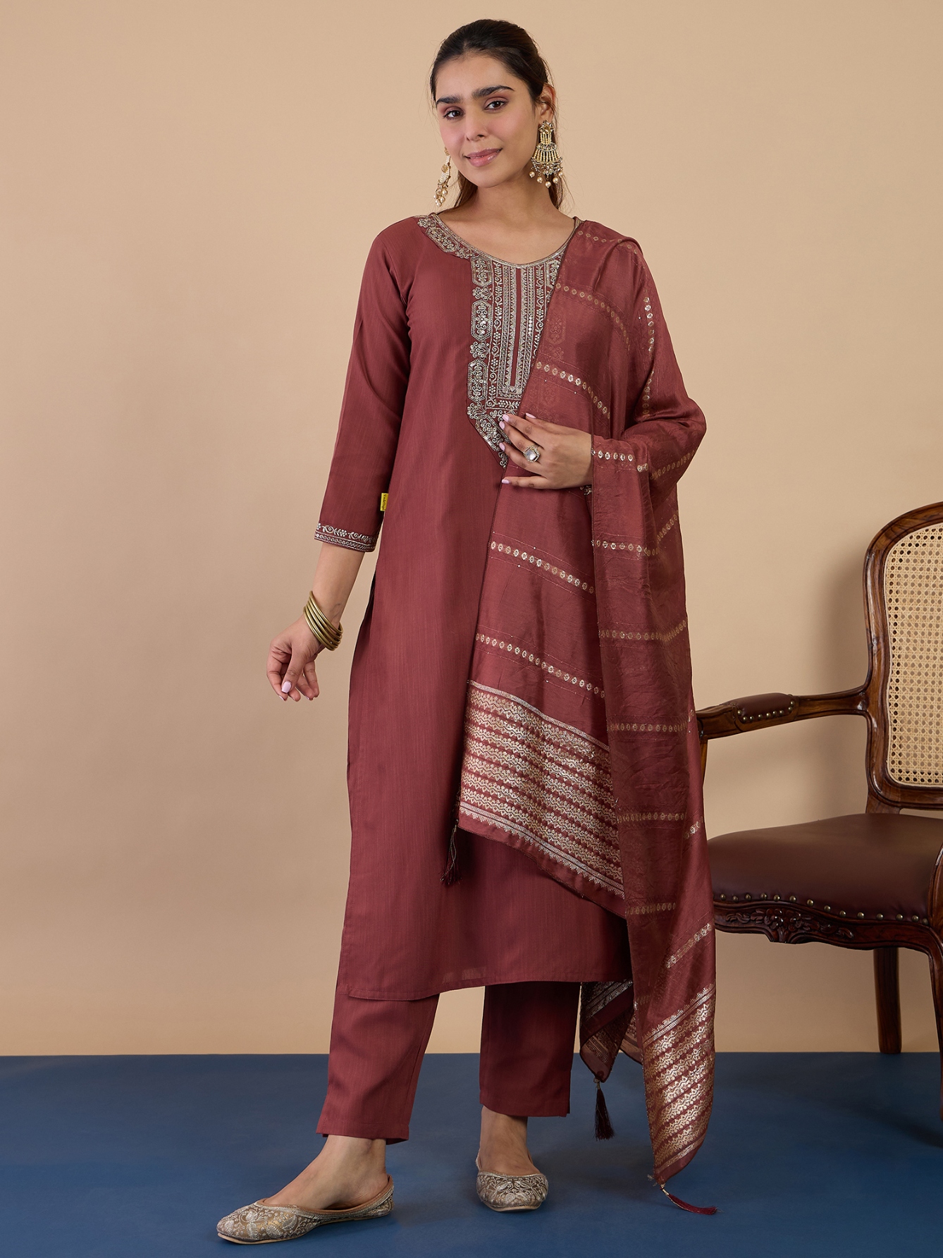 Brown Placement Embroidery Cotton Blend Salwar Suit