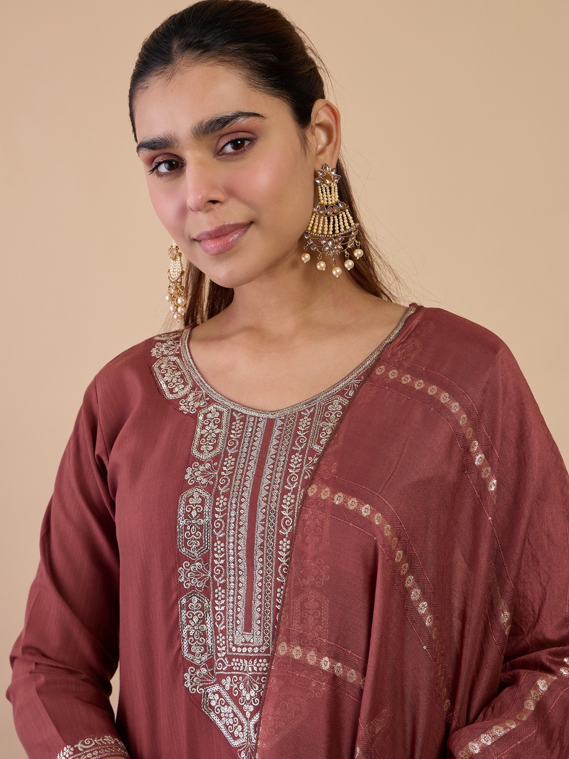 Brown Placement Embroidery Cotton Blend Salwar Suit
