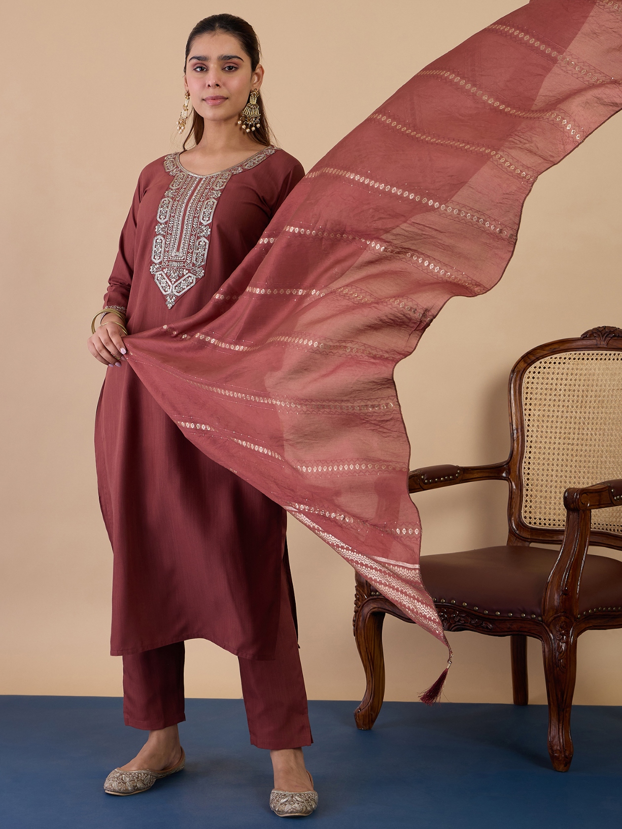 Brown Placement Embroidery Cotton Blend Salwar Suit
