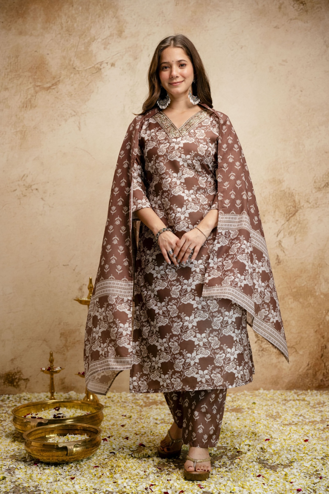 Brown Printed Magic Cotton Salwar Suit