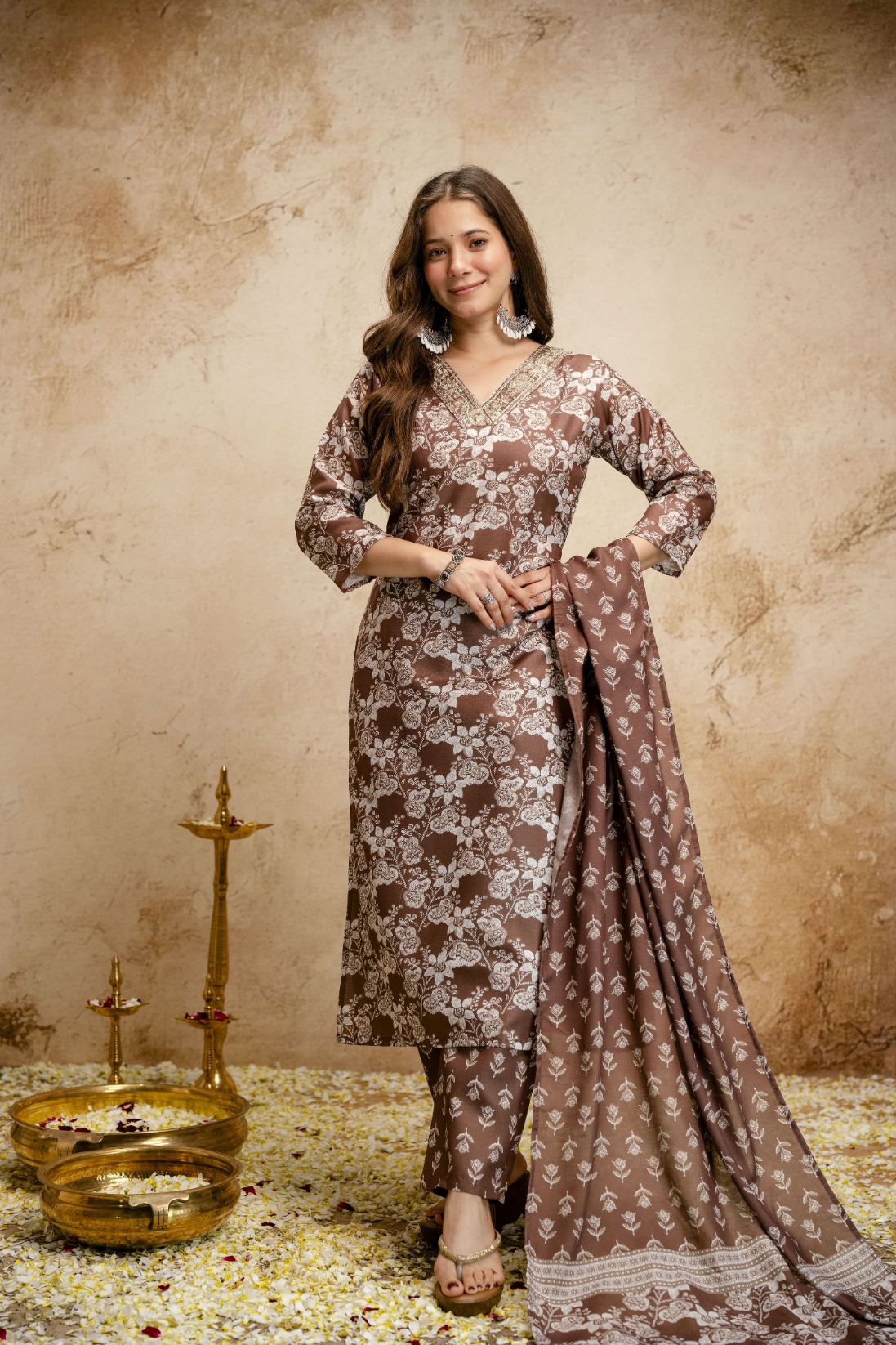 Brown Printed Magic Cotton Salwar Suit