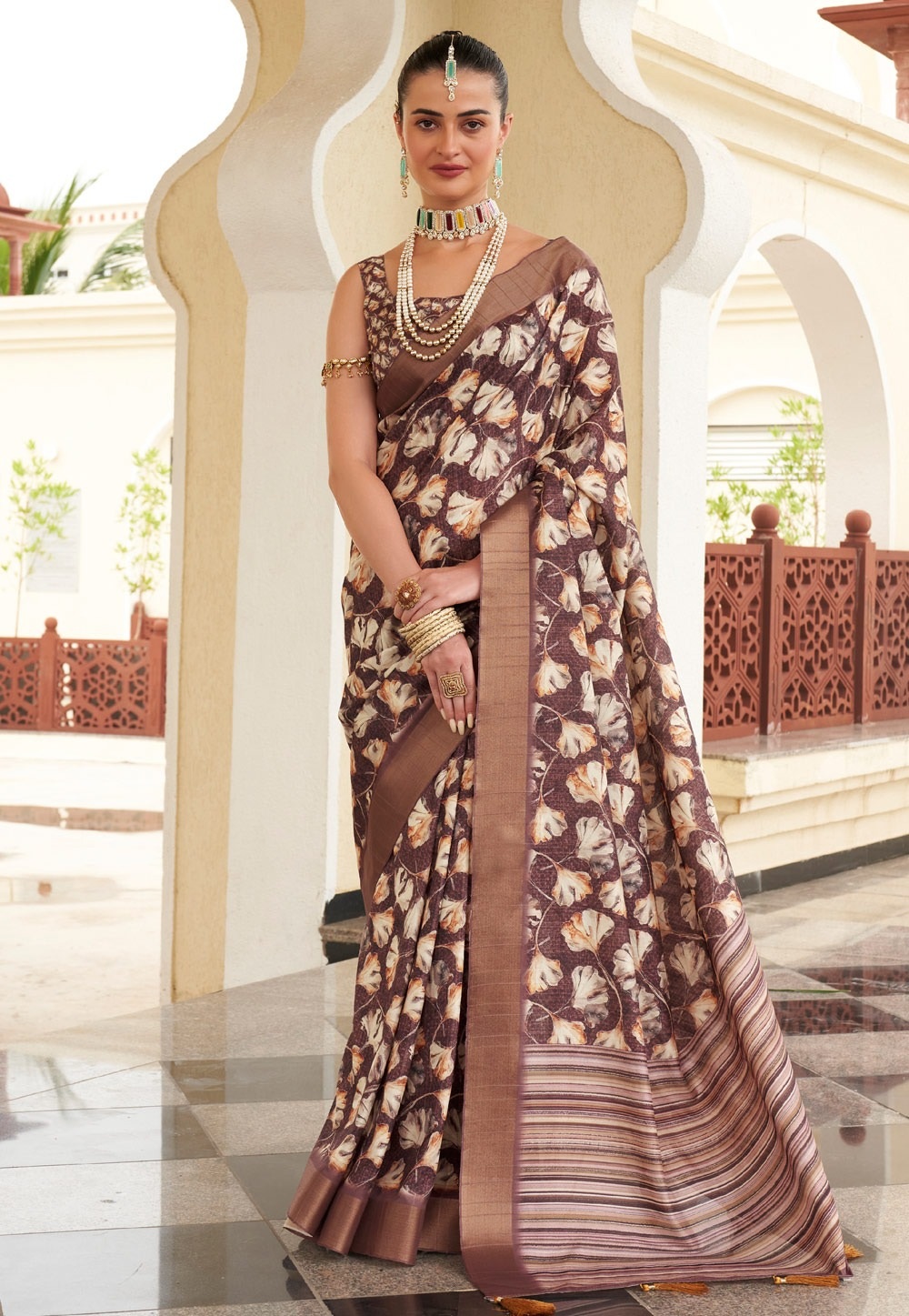 Brown Printed Sequence Fendy Satin Saree