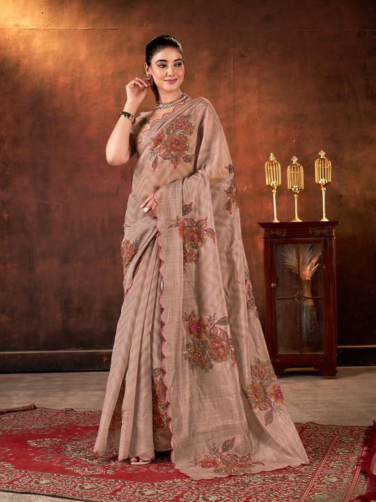 Brown Printed Tabby Organza Saree