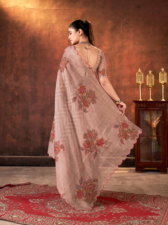 Brown Printed Tabby Organza Saree — alternate view