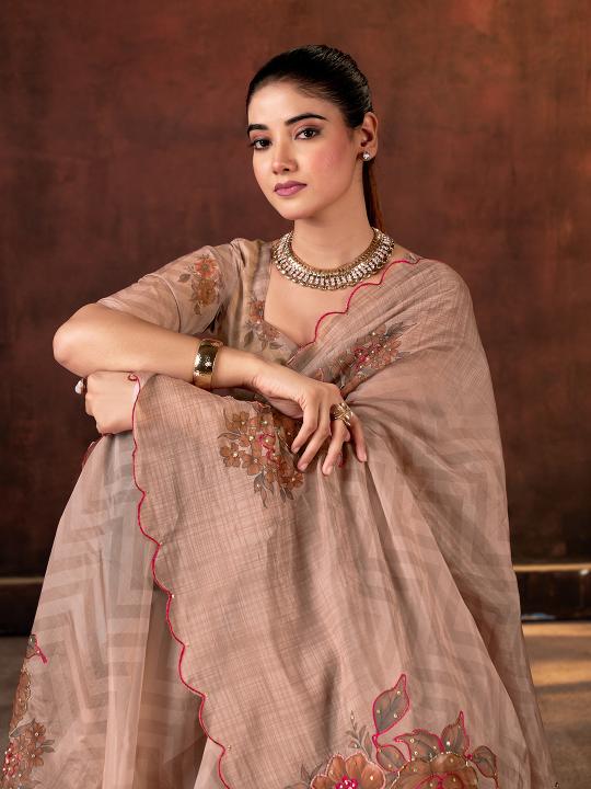 Brown Printed Tabby Organza Saree