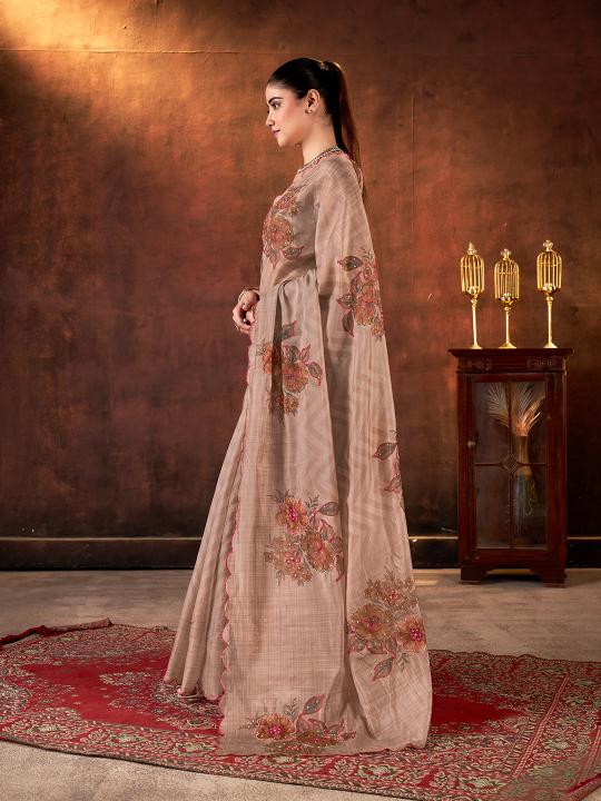 Brown Printed Tabby Organza Saree
