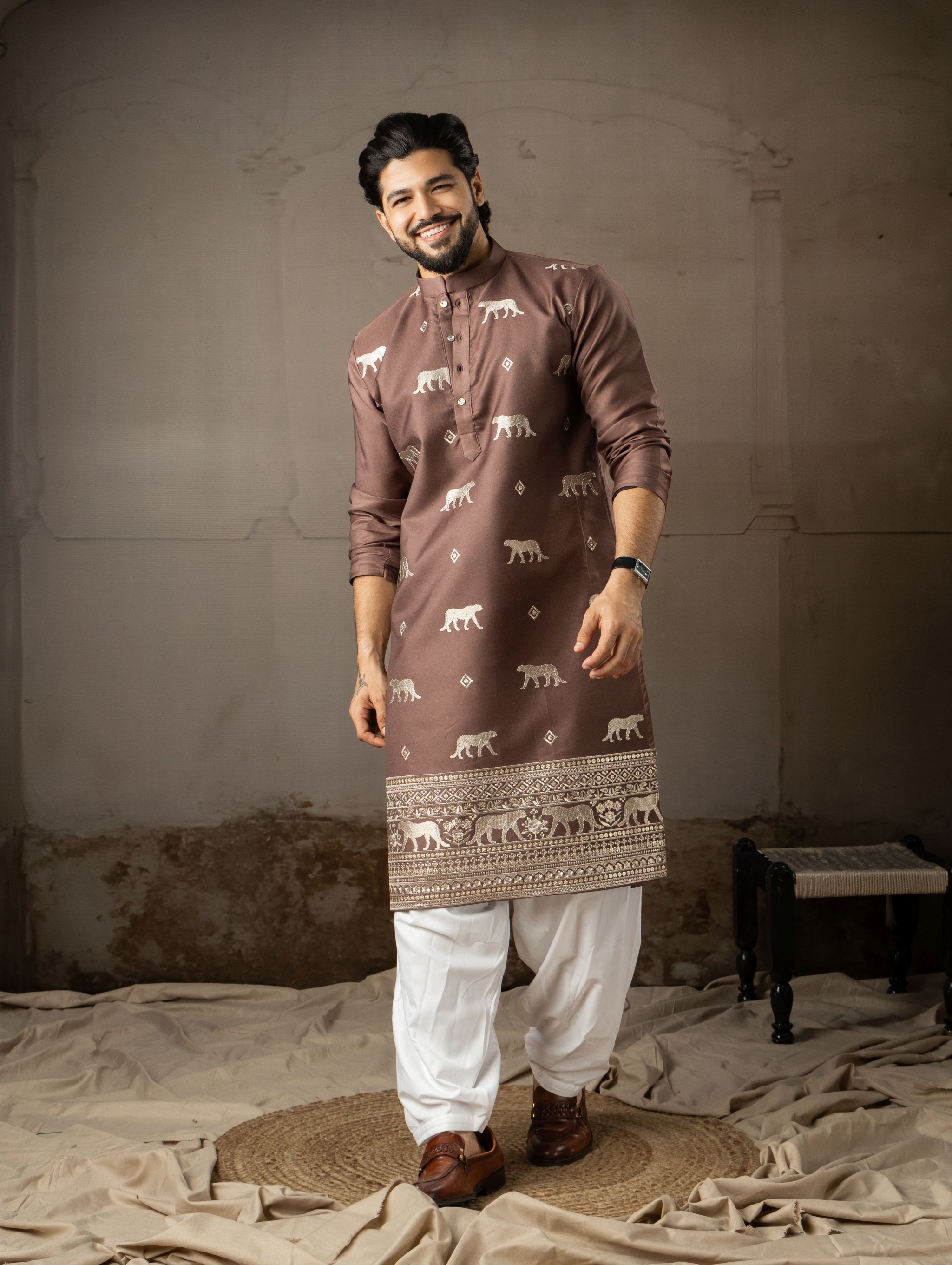 Brown Rayon Embroidered Kurta Pyjama