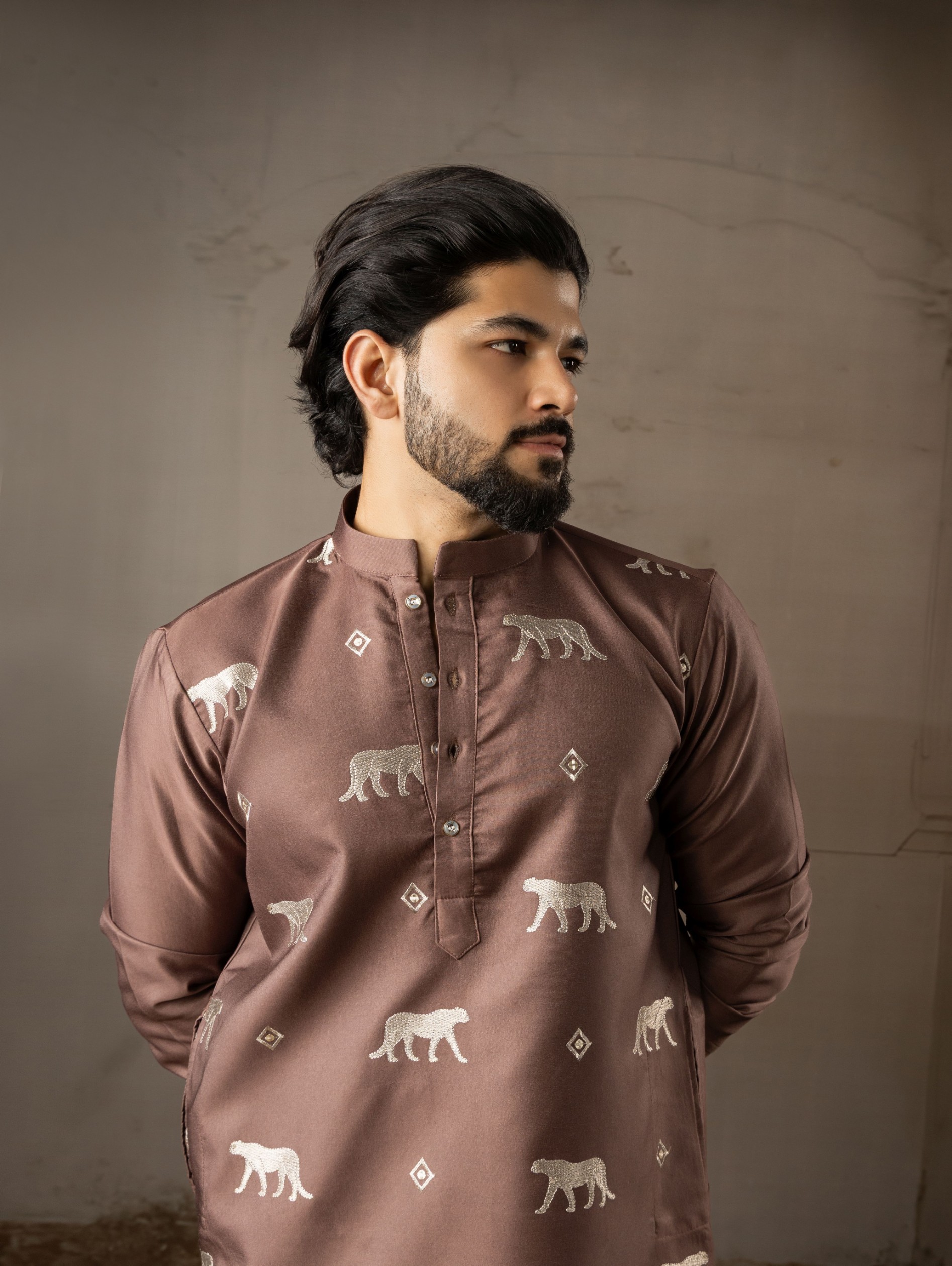 Brown Rayon Embroidered Kurta Pyjama