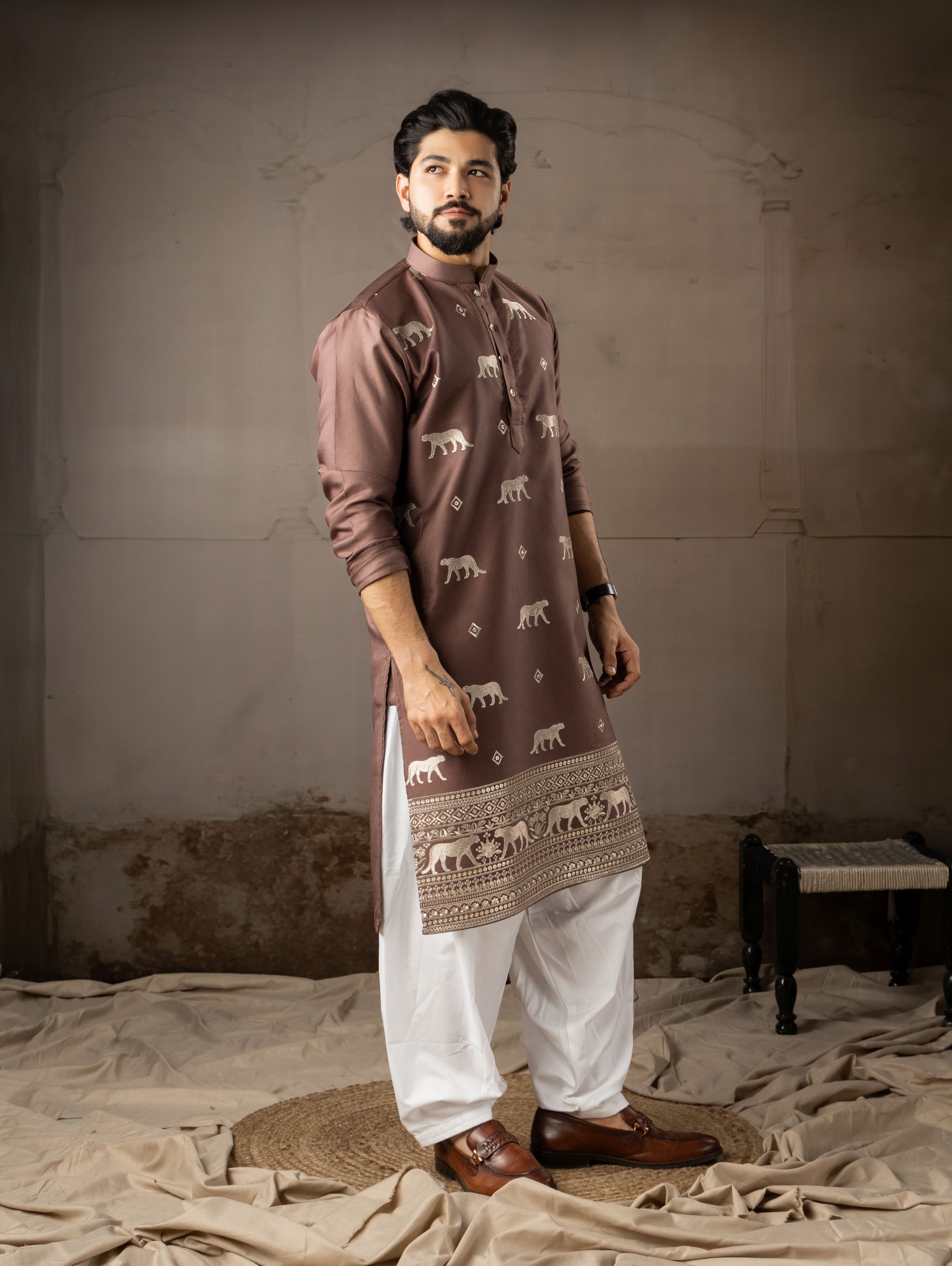 Brown Rayon Embroidered Kurta Pyjama