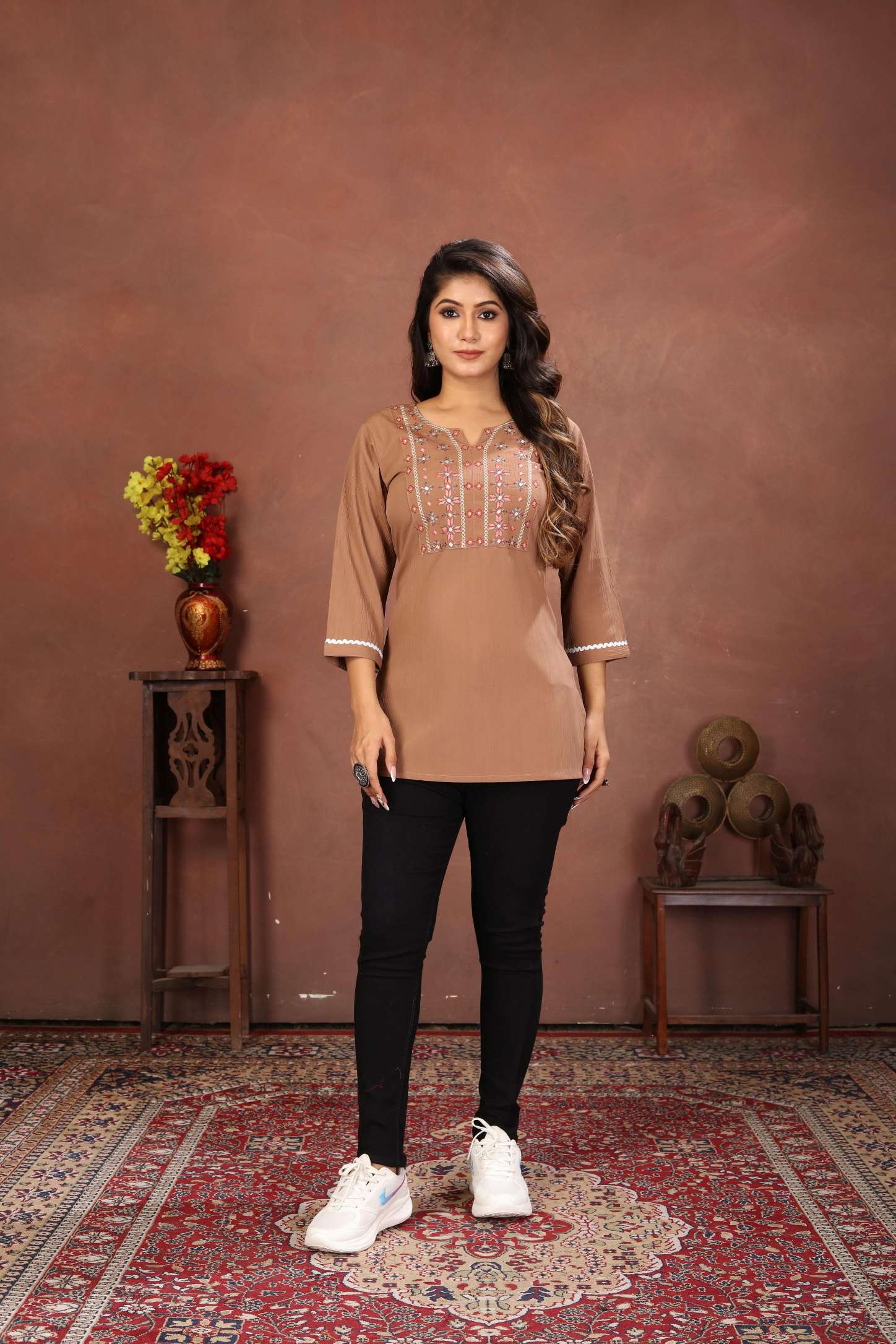 Brown Rinkal Cotton Embroidered Short Kurti