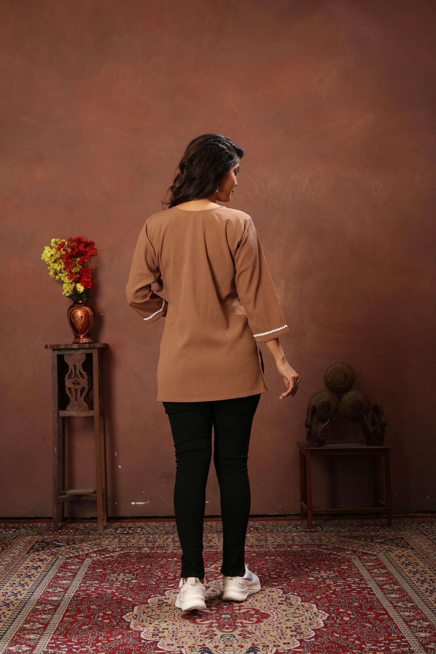 Brown Rinkal Cotton Embroidered Short Kurti — alternate view