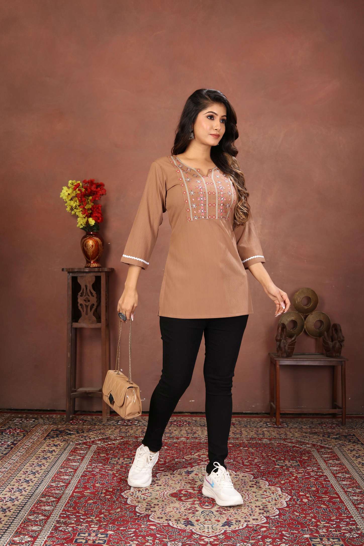 Brown Rinkal Cotton Embroidered Short Kurti