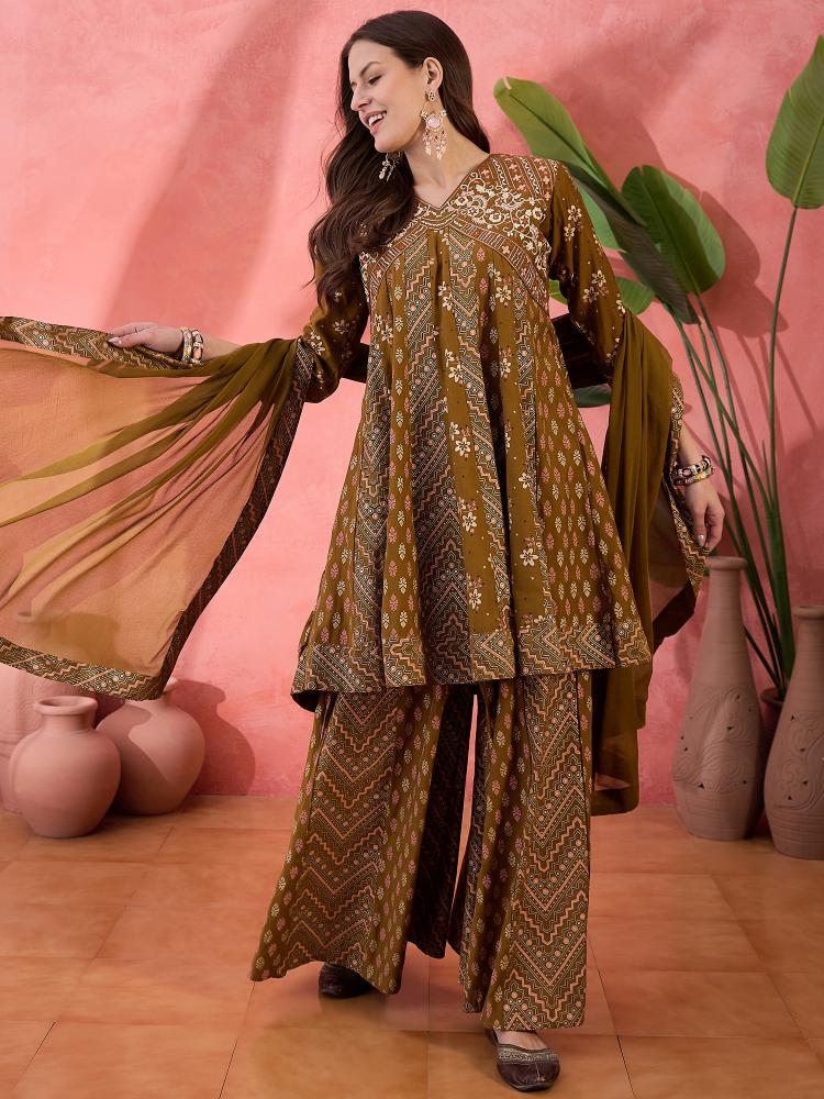 Brown Roman Silk Palazzo Suit