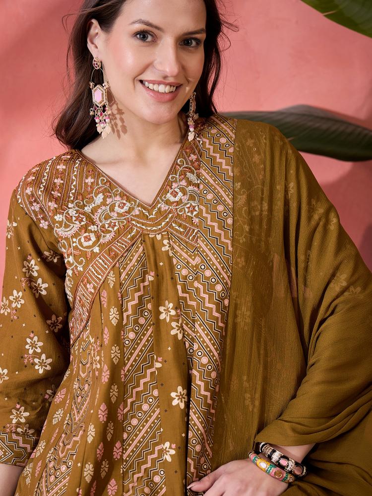 Brown Roman Silk Palazzo Suit