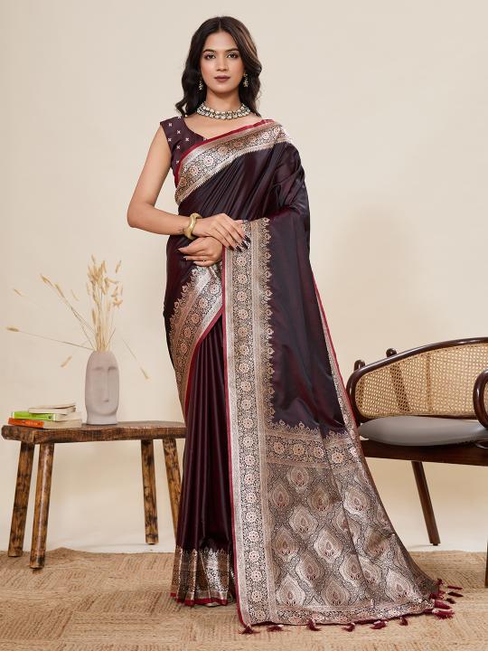 Brown Satin Silk Woven Zari Saree