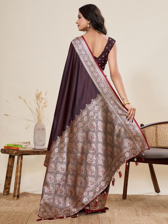Brown Satin Silk Woven Zari Saree — alternate view