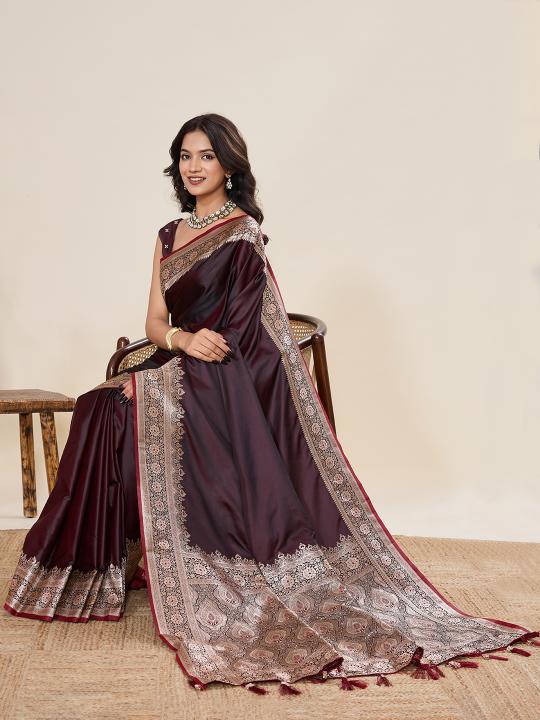 Brown Satin Silk Woven Zari Saree