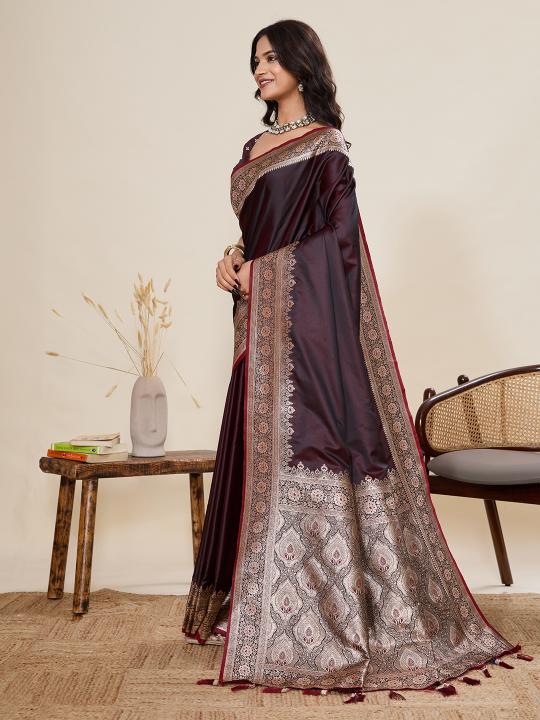 Brown Satin Silk Woven Zari Saree