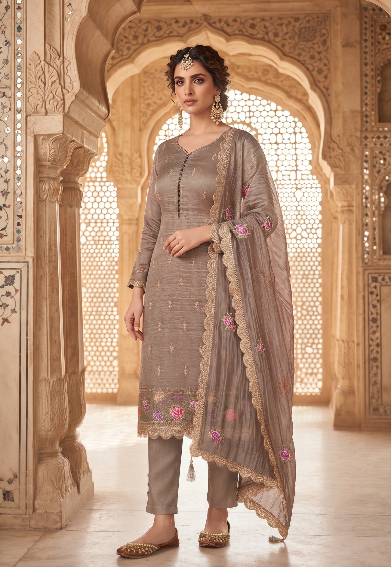 Brown Solid Embroidered Gold Silk Straight Suit