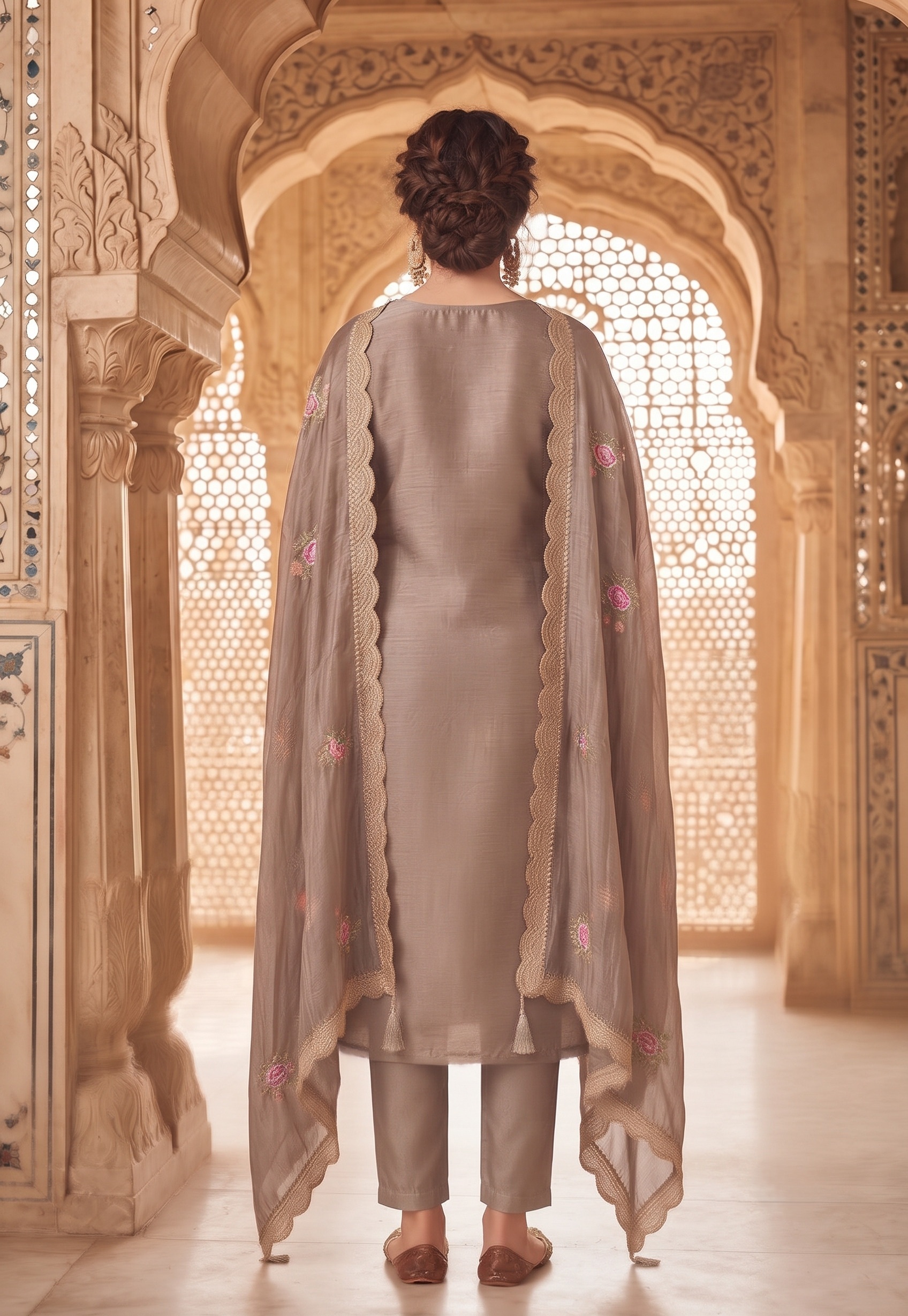 Brown Solid Embroidered Gold Silk Straight Suit — alternate view