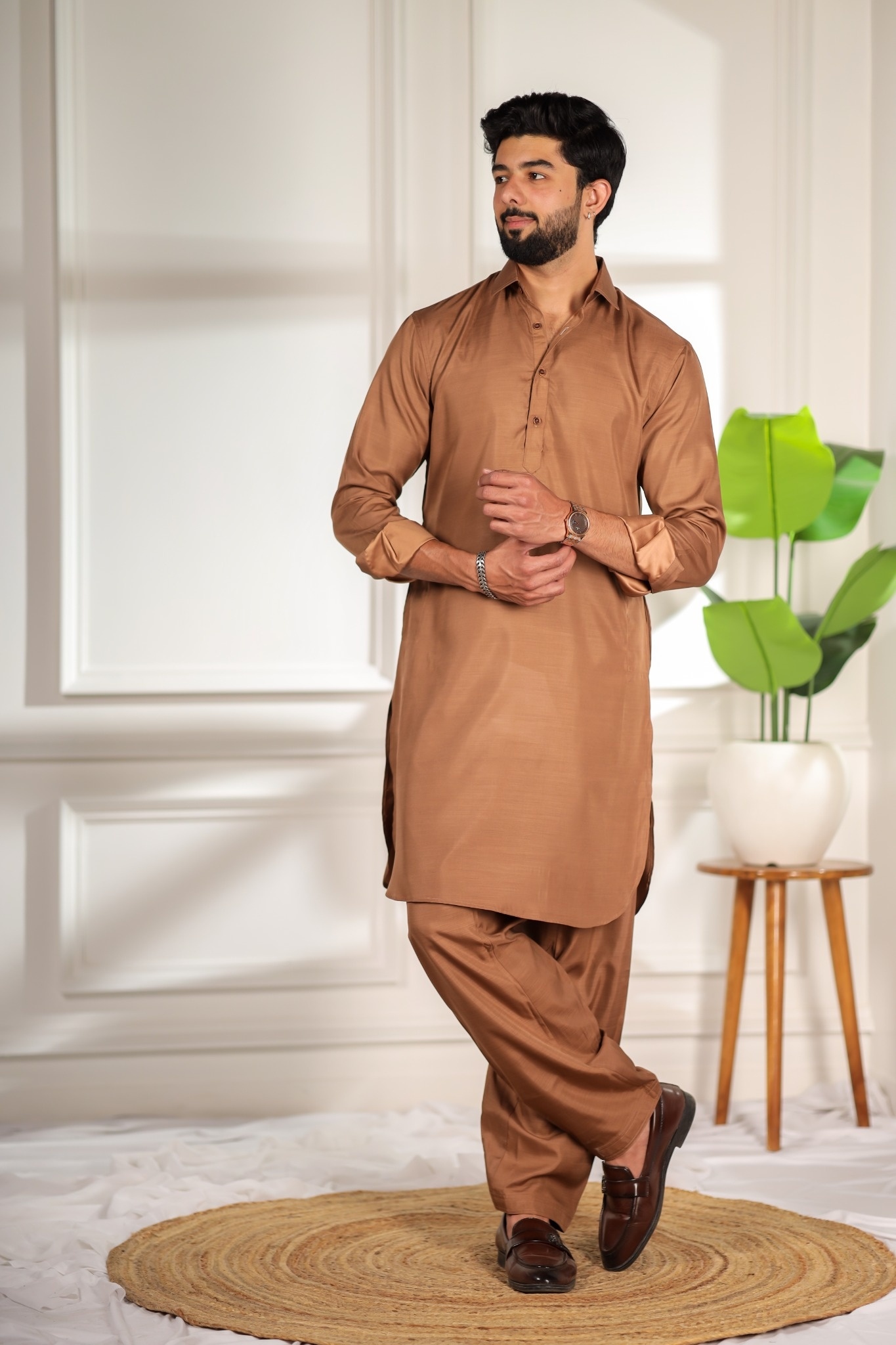 Brown Solid Minimal Cotton Satin Pathani Kurta Pyjama