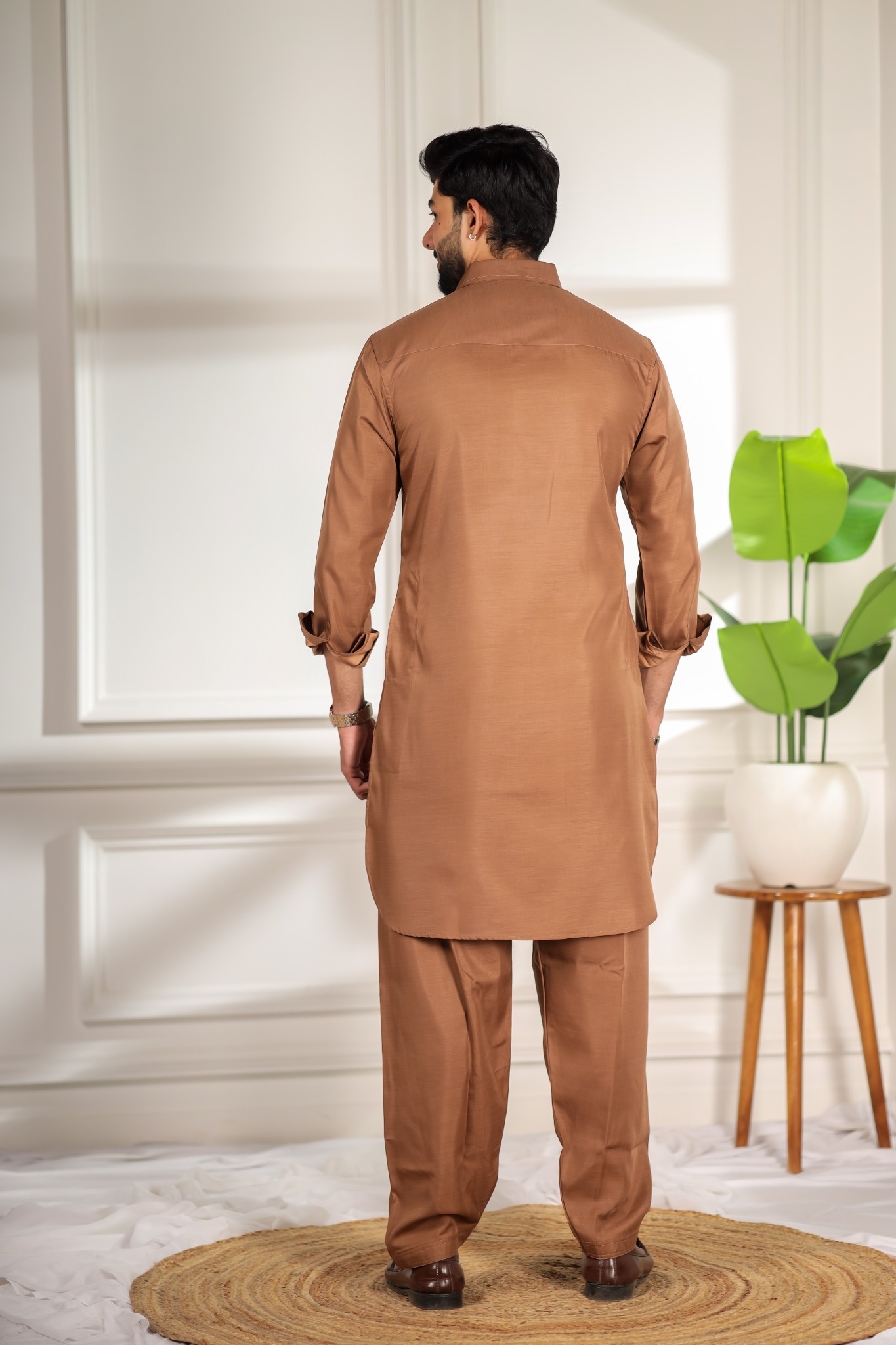 Brown Solid Minimal Cotton Satin Pathani Kurta Pyjama — alternate view