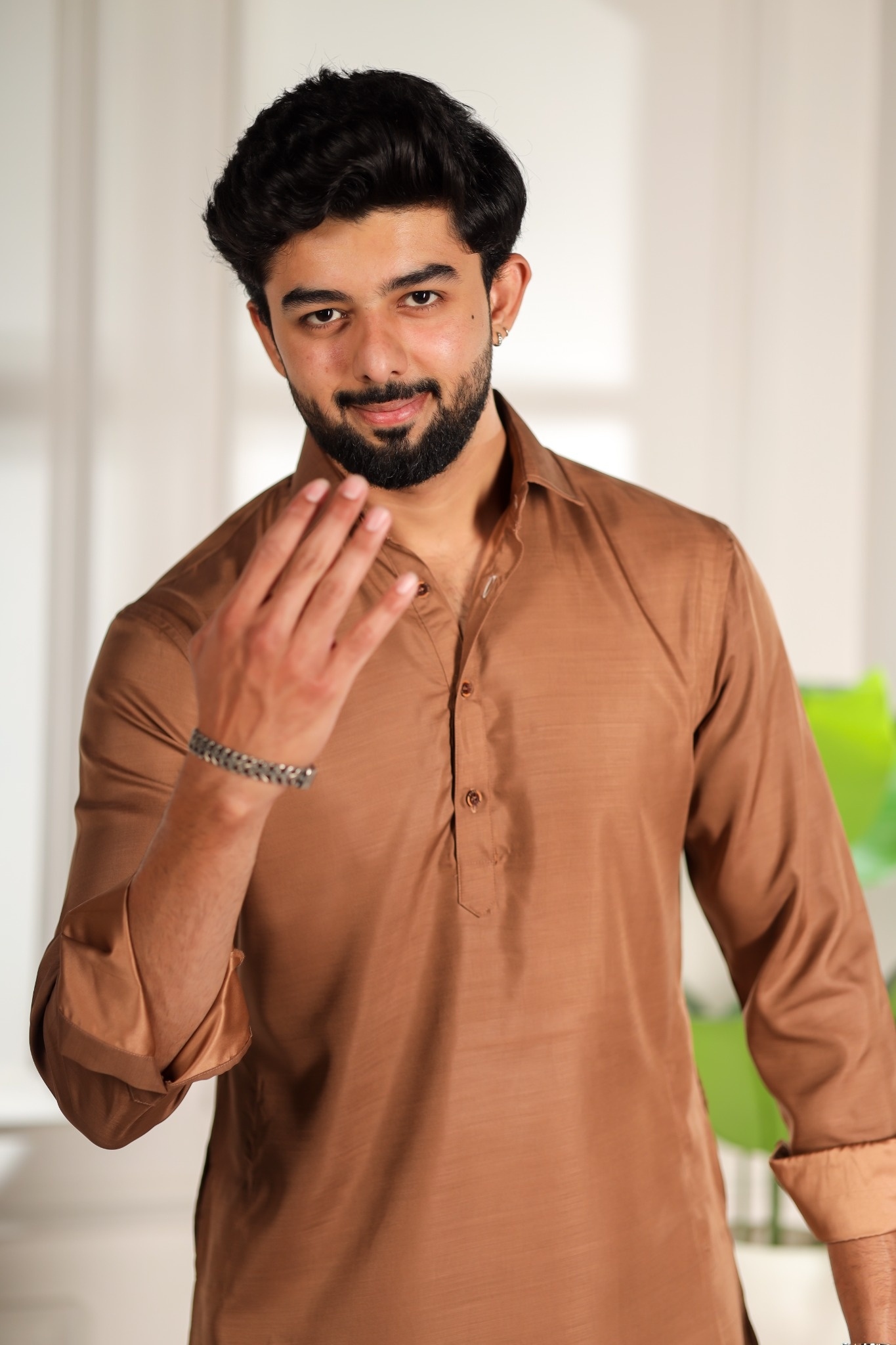 Brown Solid Minimal Cotton Satin Pathani Kurta Pyjama