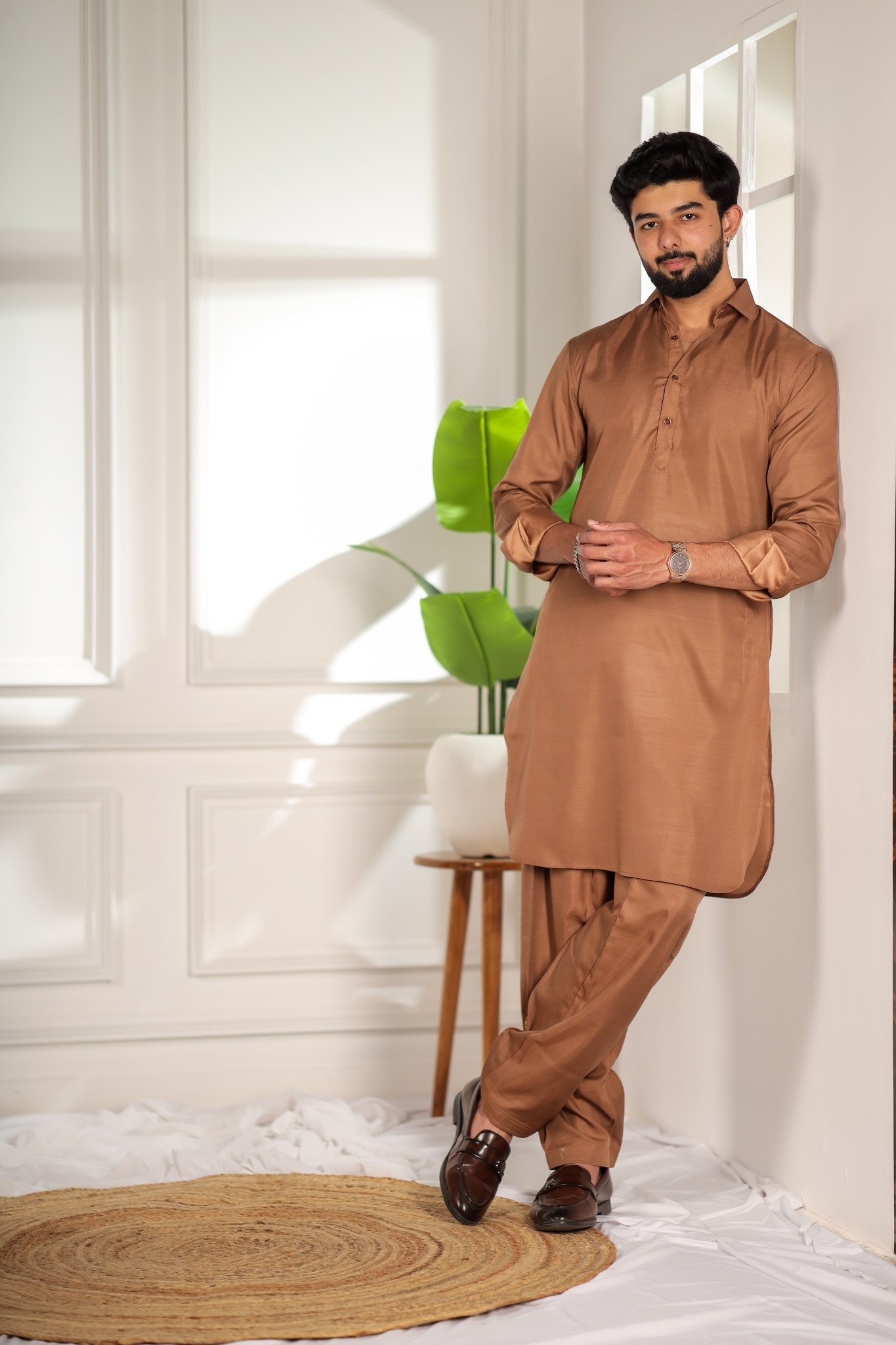 Brown Solid Minimal Cotton Satin Pathani Kurta Pyjama